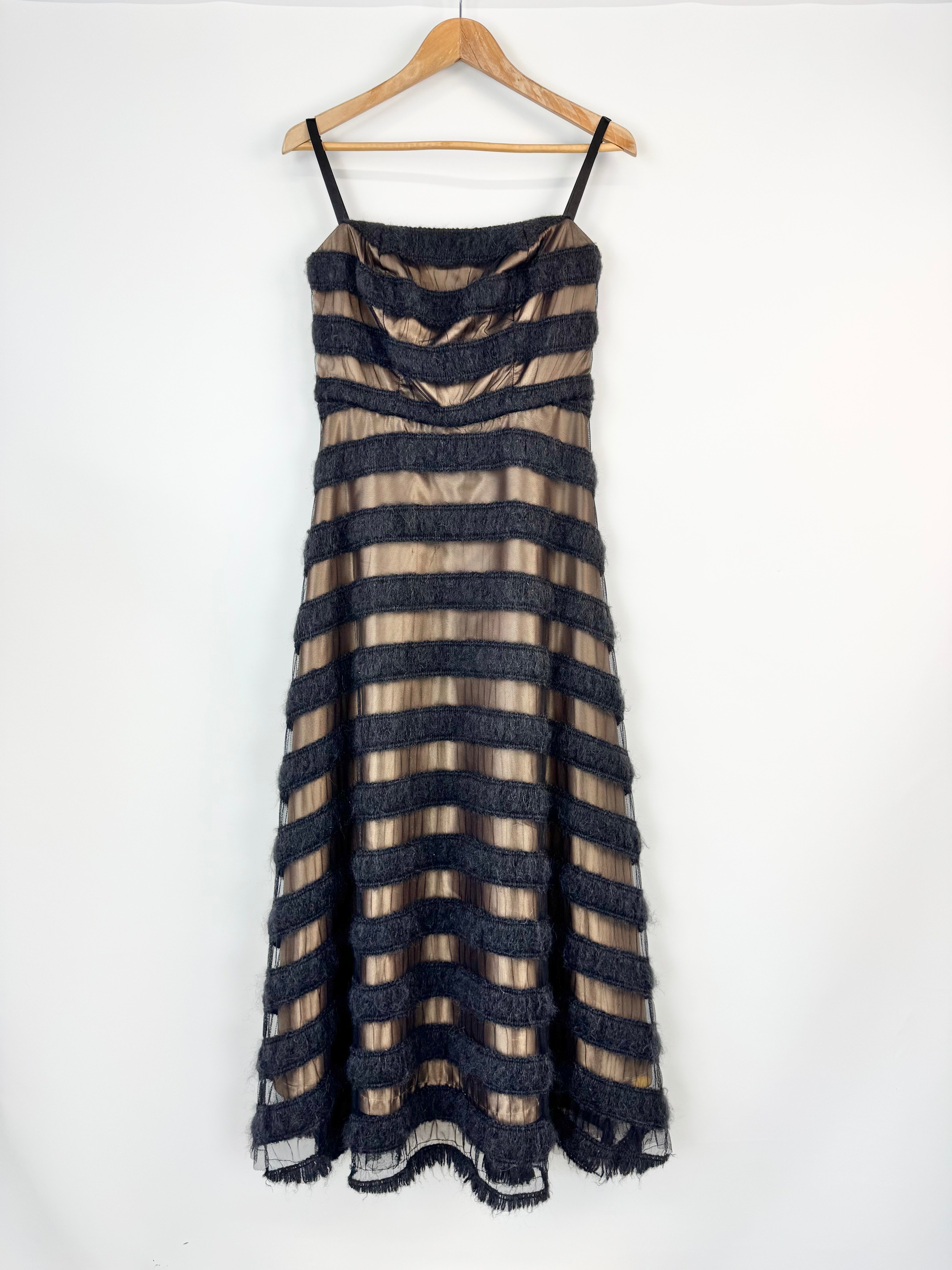 State of Grace Black & Champagne Striped Wool Cocktail Dress - AU8/10