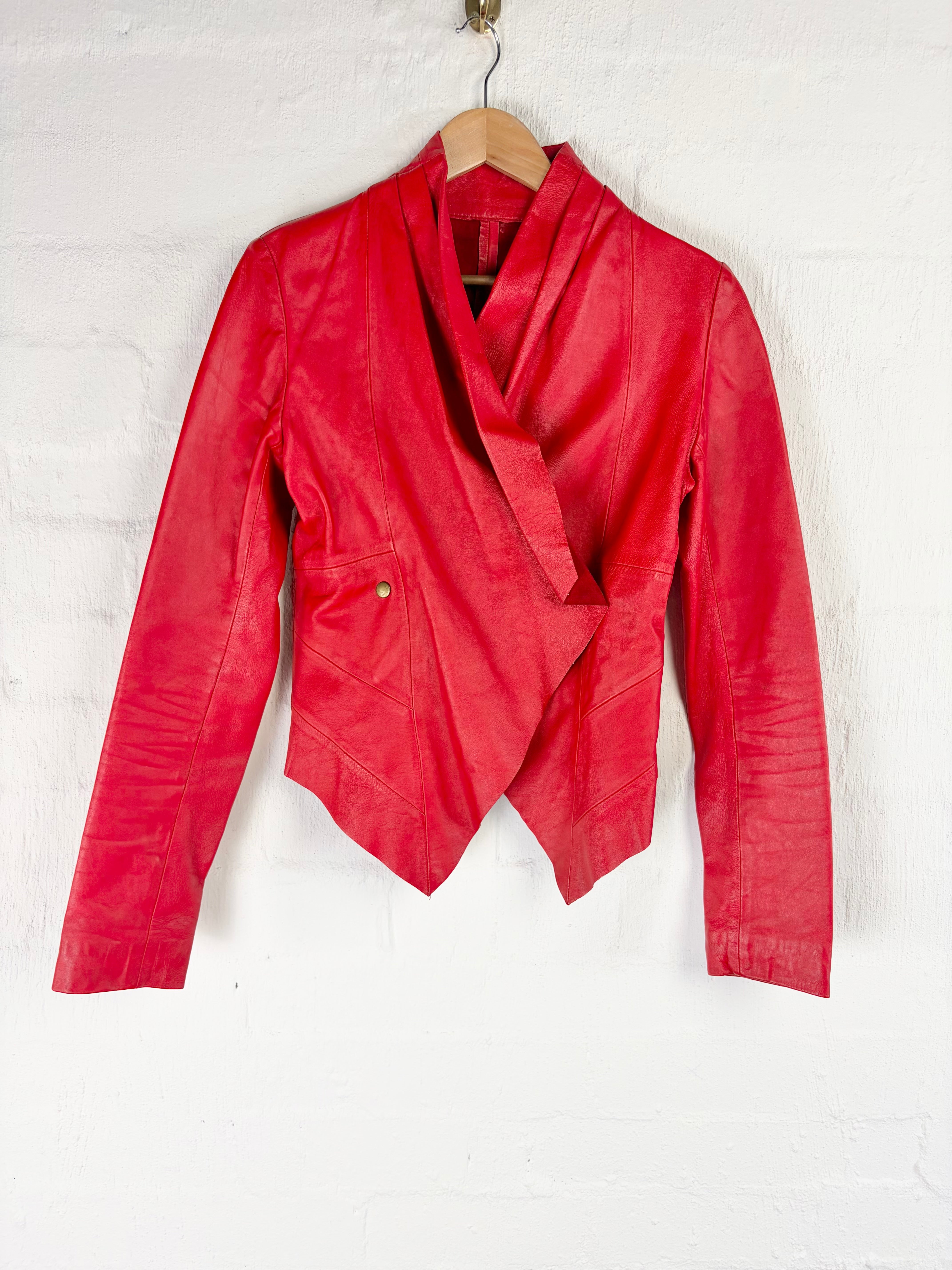 Rose Red Asymmetrical Leather Jacket - AU10