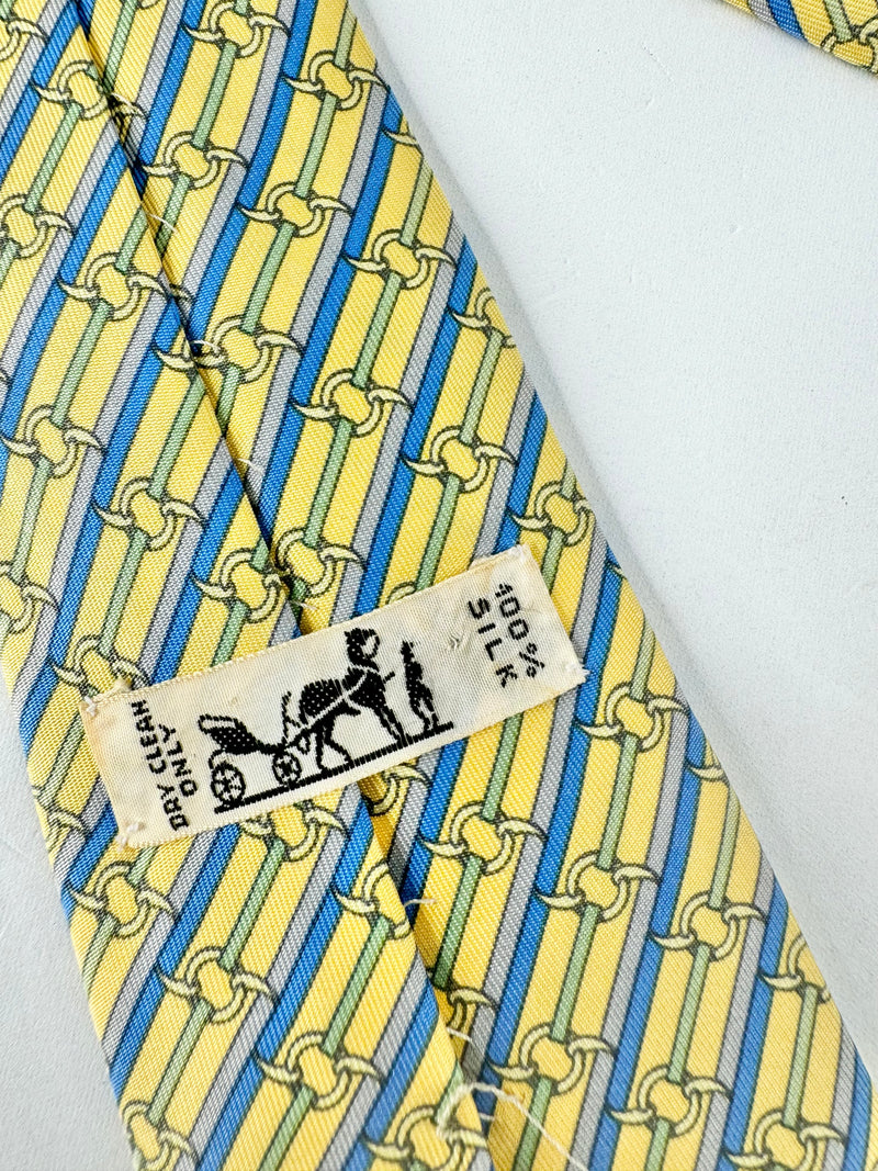 Vintage Hermes Butter Yellow & Blue Patterned Tie