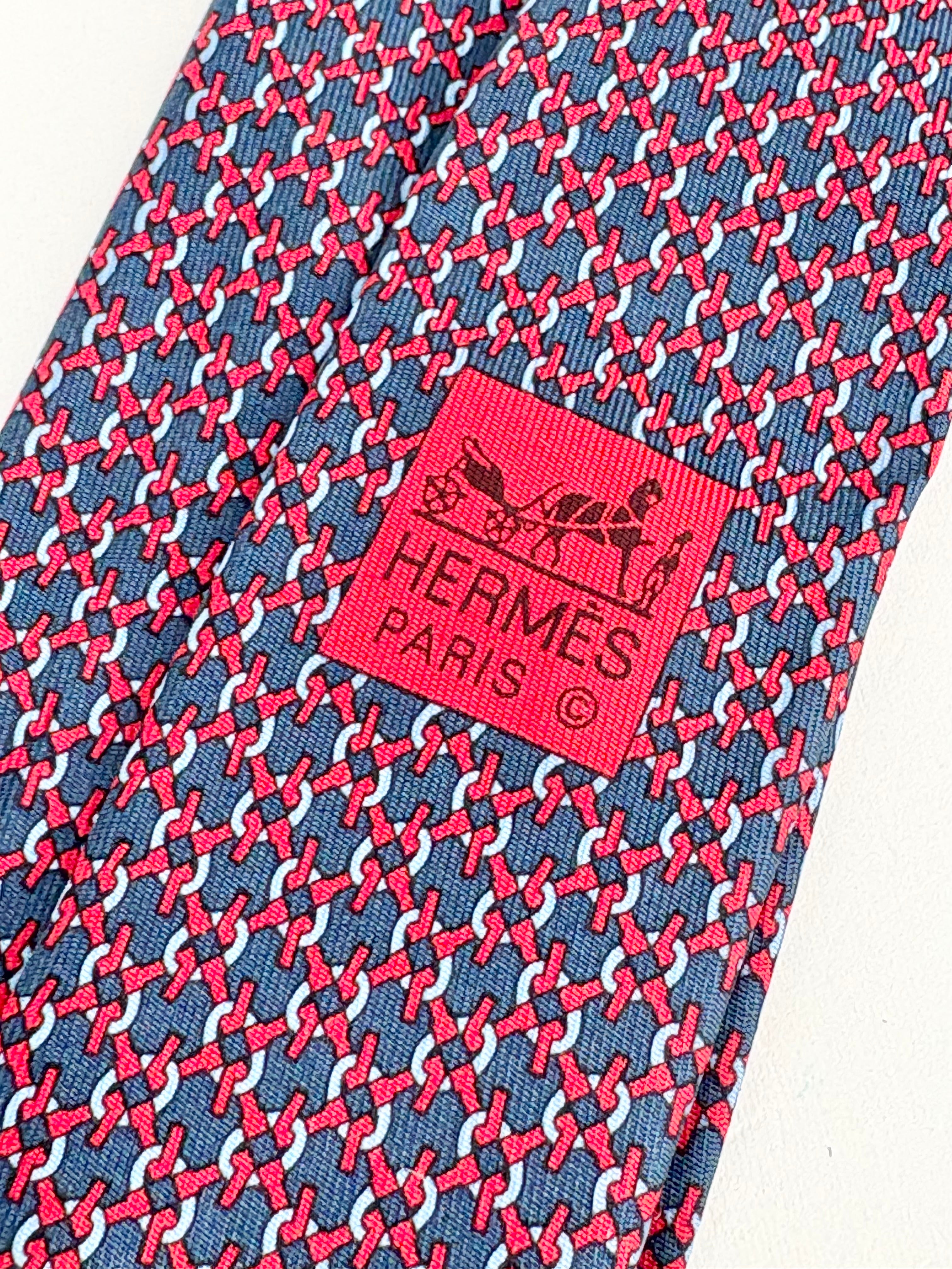 Hermès Blue & Red Patterned Twill Silk Tie
