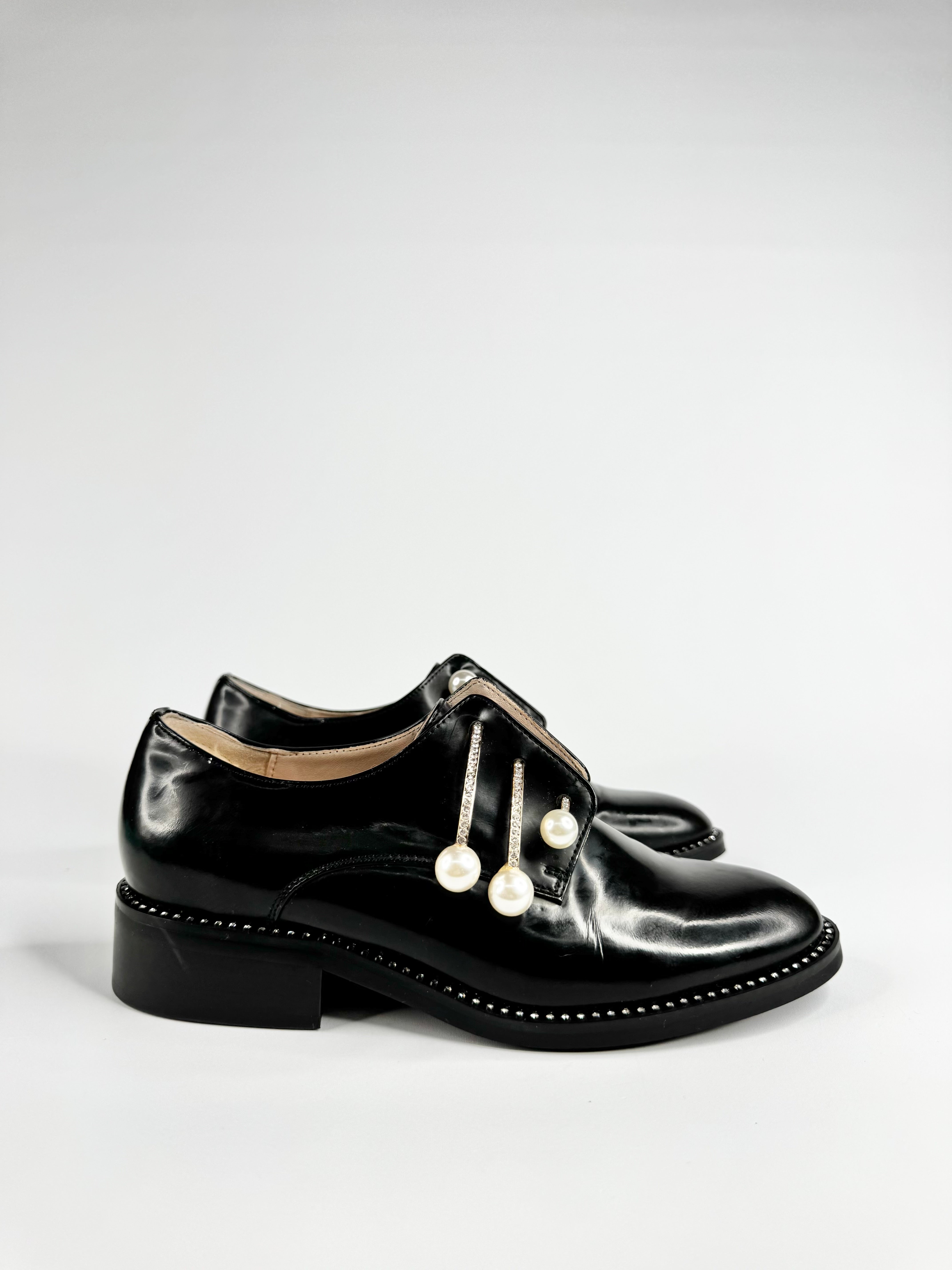 Suttonsnug Black Diamonte & Faux Pearl Embellished Loafers - EU35