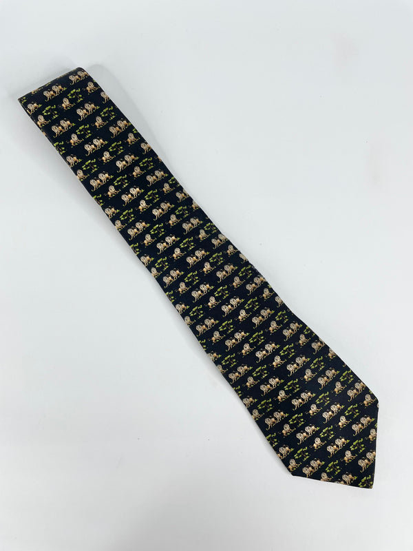 Salvatore Ferragamo Black Lions Print Silk Tie