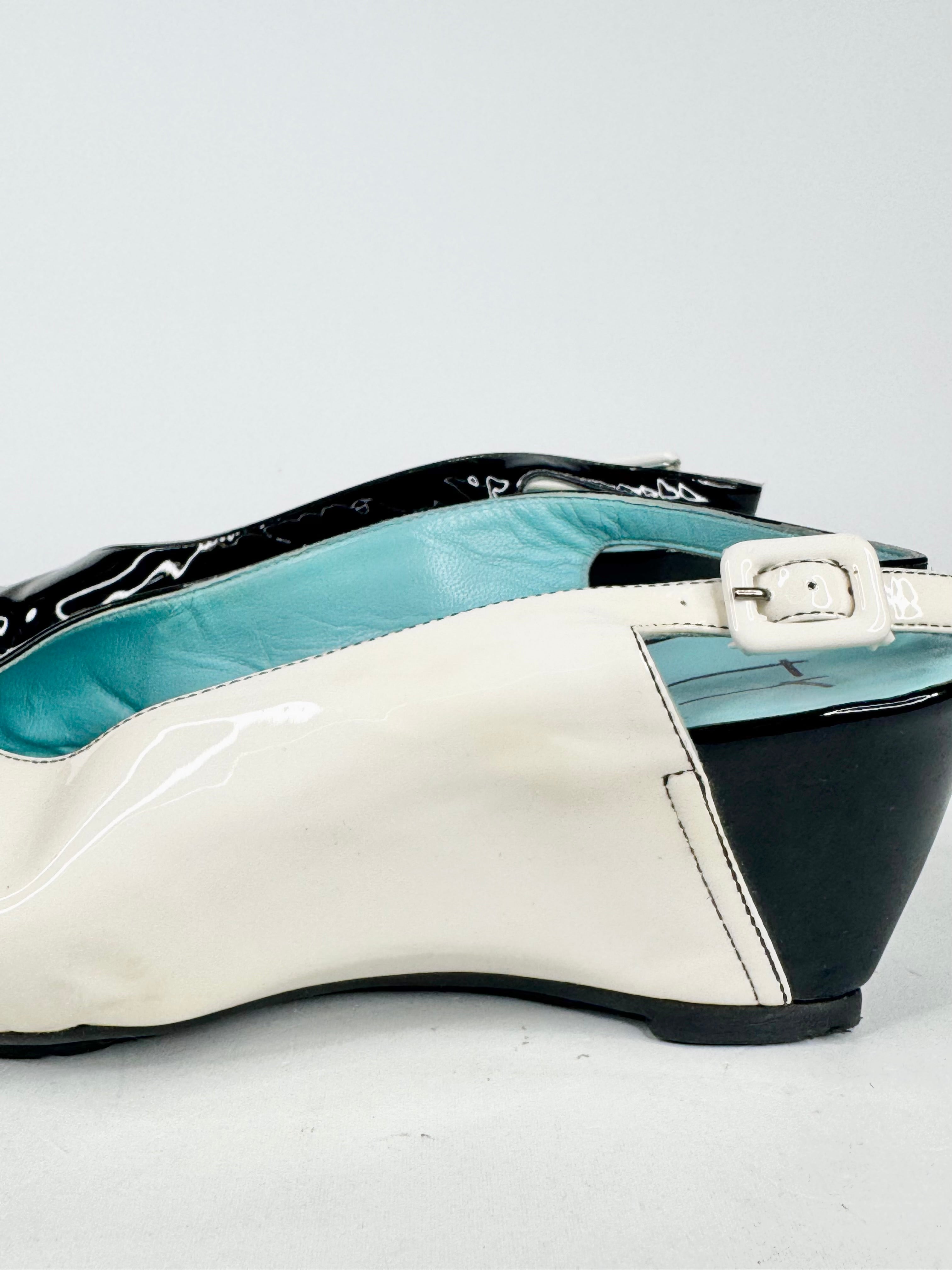 Thierry Black & White Patent Leather Peep Toe Wedges - EU38