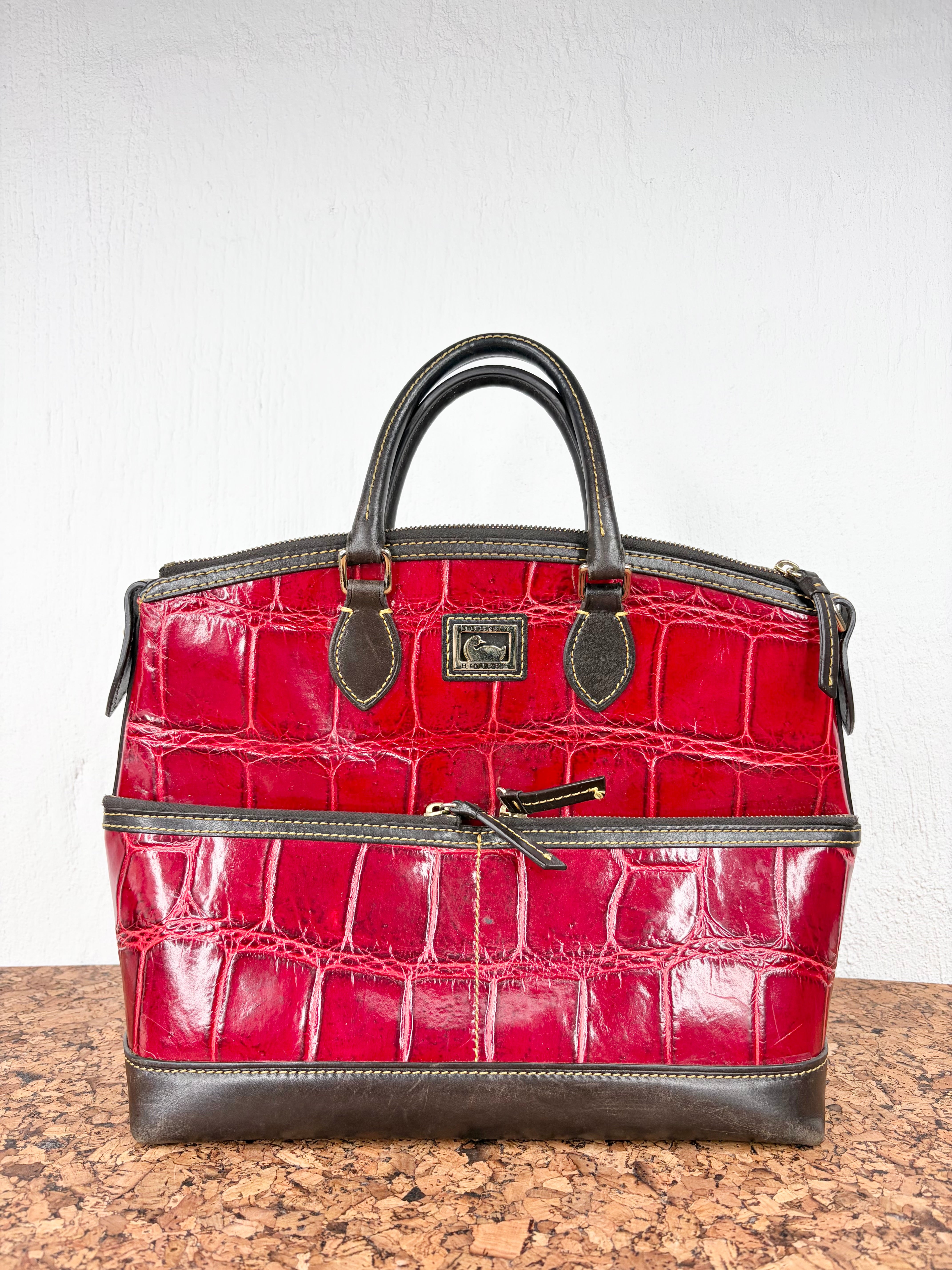 Dooney Bourke Red and Black Faux Croc Satchel Bag