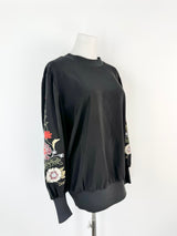 Veronika Maine Black Floral Embroidered Bishop Sleeve Blouse - AU8