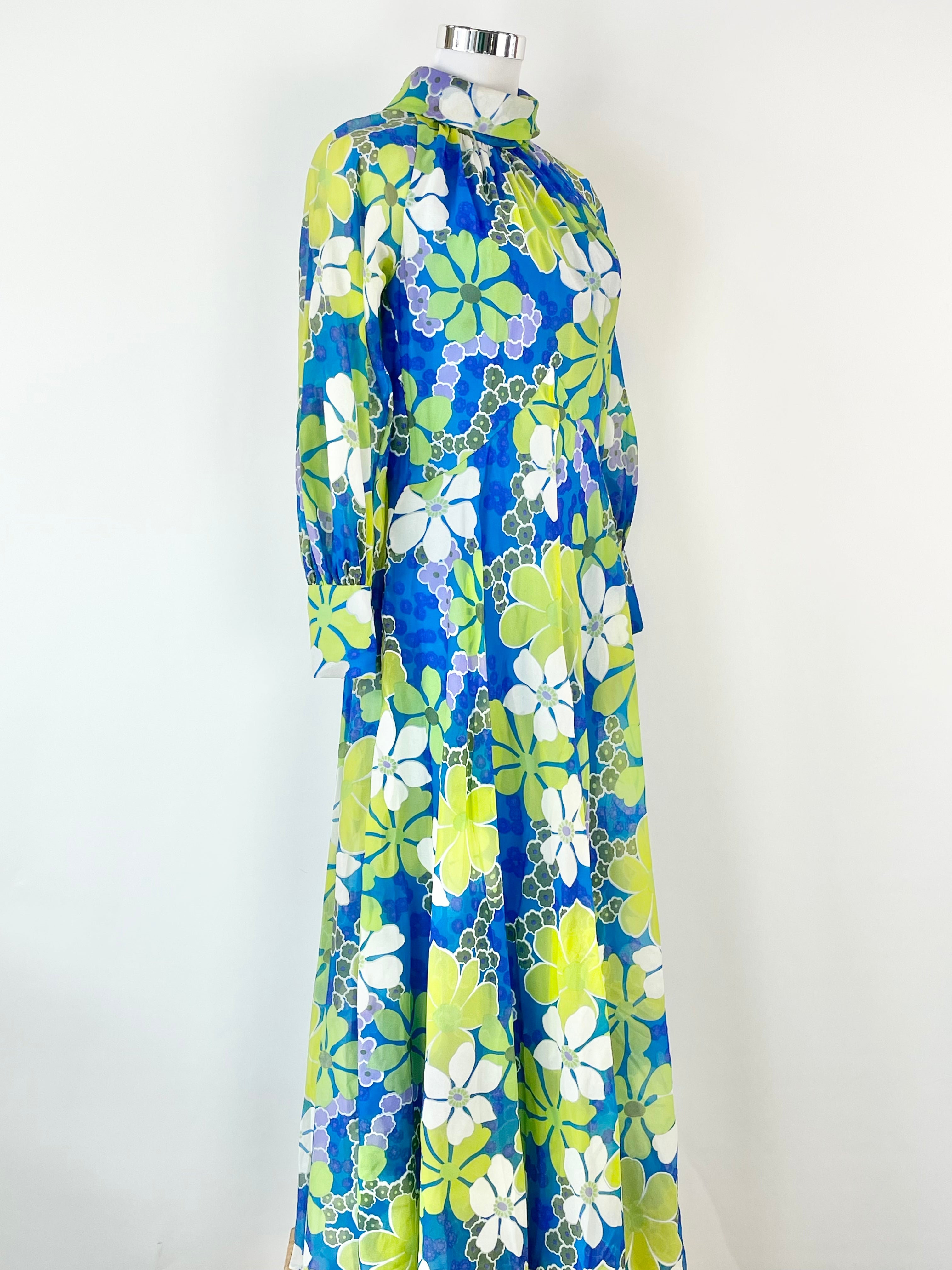 Vintage Mary Charmaine XSSW Blue & Green Sheer Floral Maxi Dress - AU1