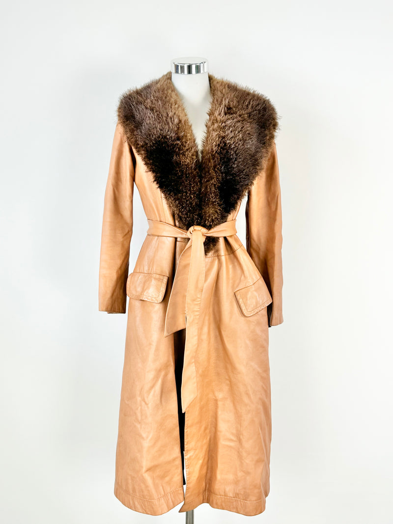 Vintage Leather & Fur Tan Tie Coat - AU8/10