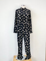 Sézane  Black & White Leaf Pattern Silk Jumpsuit - AU12