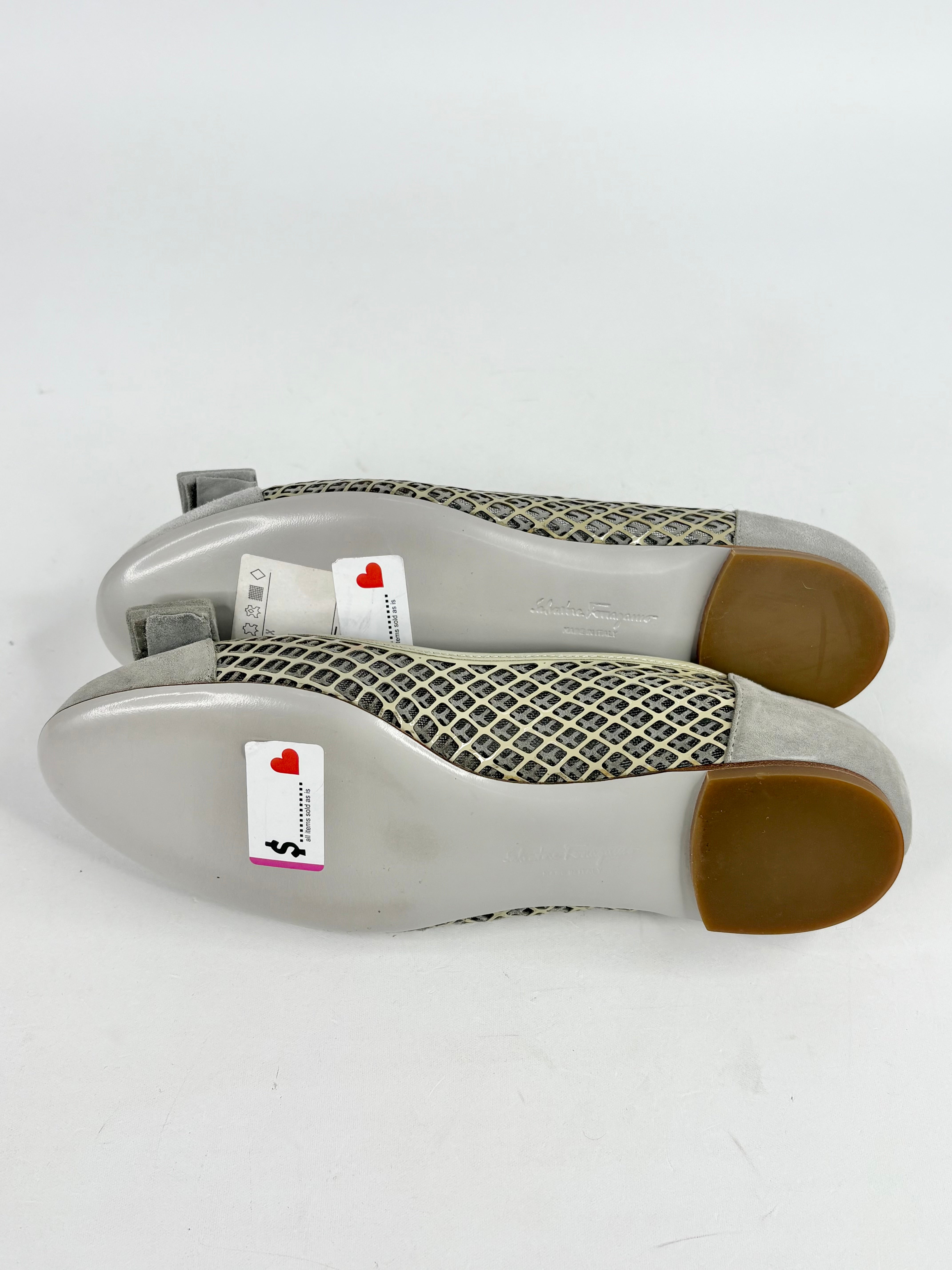 Salvatore Ferragamo Grey Mesh & Suede Bow Flats - EU35