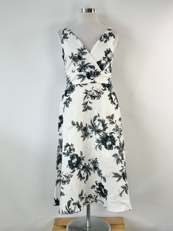 Veronika Maine White & Black Floral Linen Midi Dress - AU12