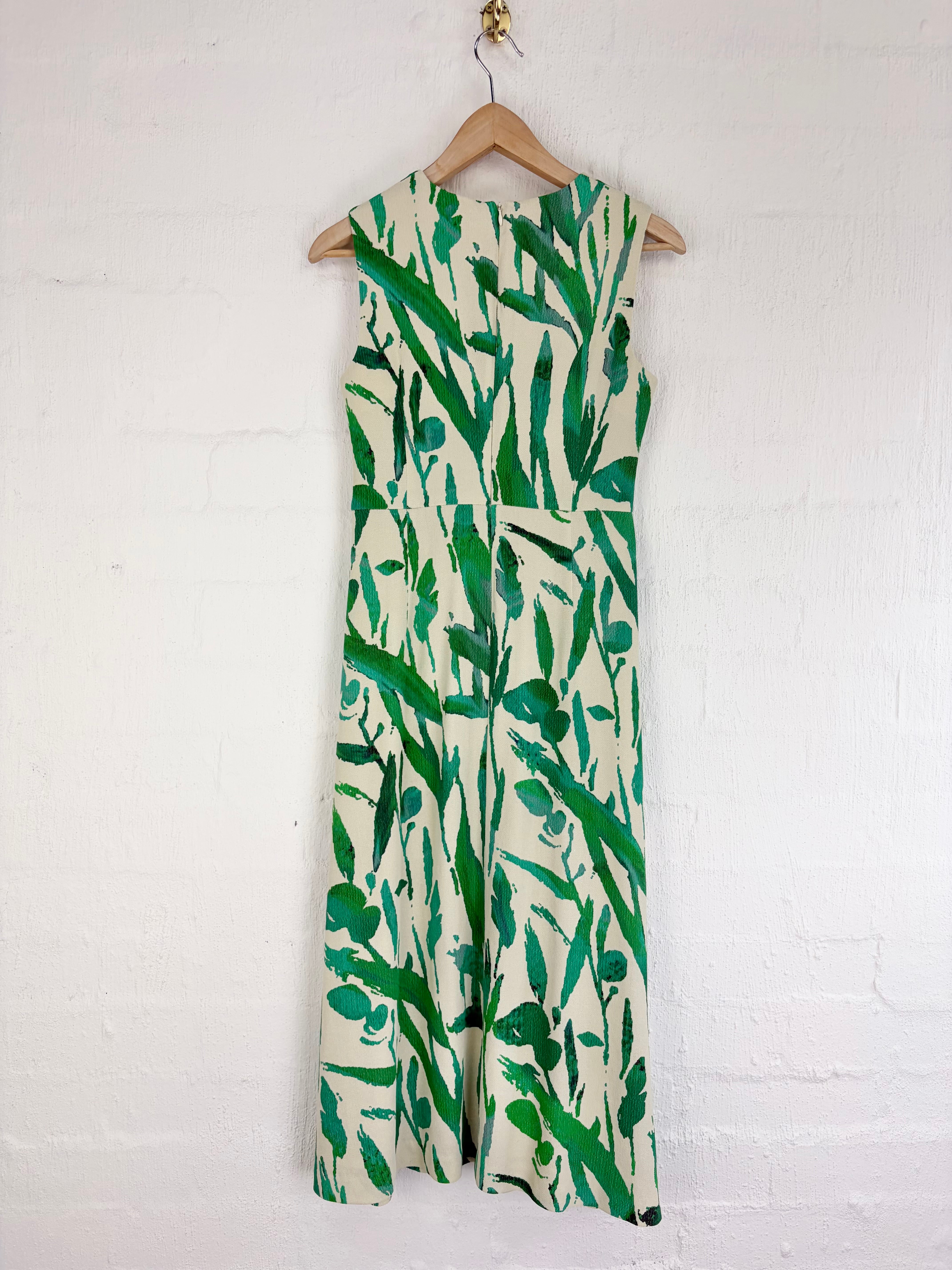 Anna Thomas Cream & Green Leaf Pattern Ramie Blend Dress - AU6/8