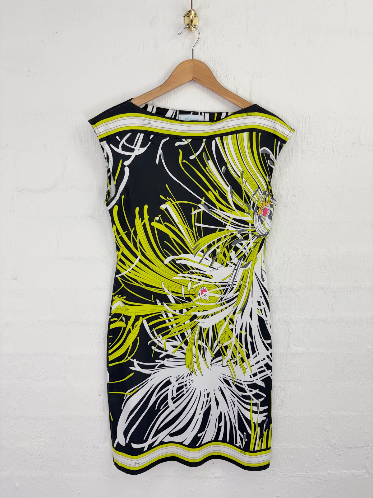 2000s Emilio Pucci Black, Lime Gren, White & Pink Floral Patterned Silk Jersey Dress - AU8/10