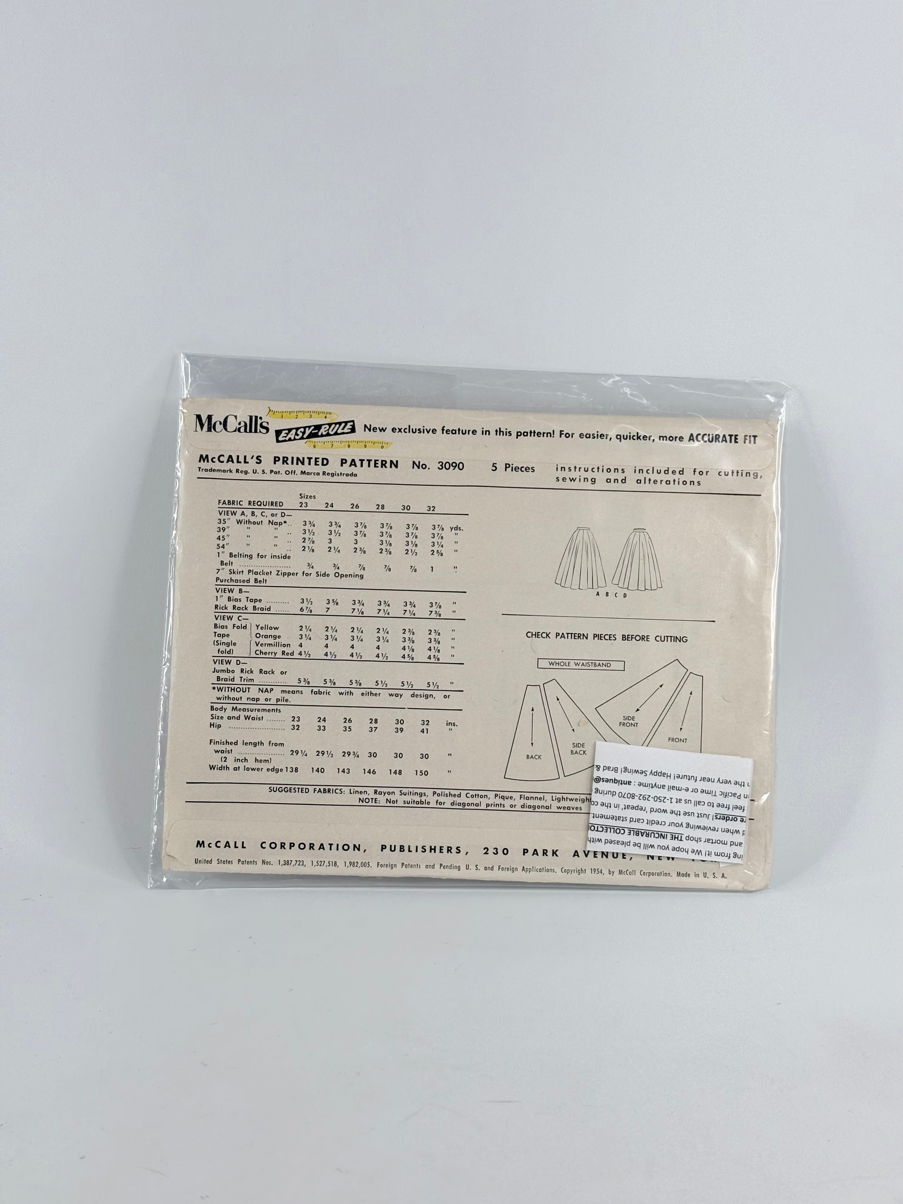McCall's the First Printed Pattern Skirt: No. 3090 - Size 23/32
