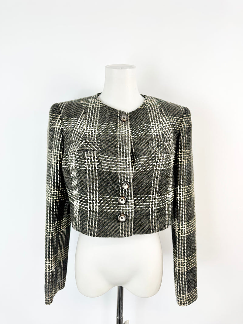 Valentino Miss V Brown & Cream Glen Plaid Cropped Blazer - AU10