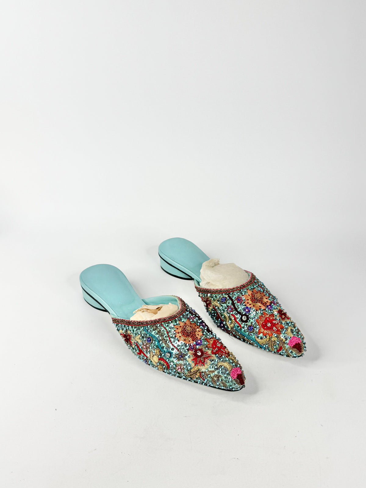 Aqua Hand Embroidered Mules - 9