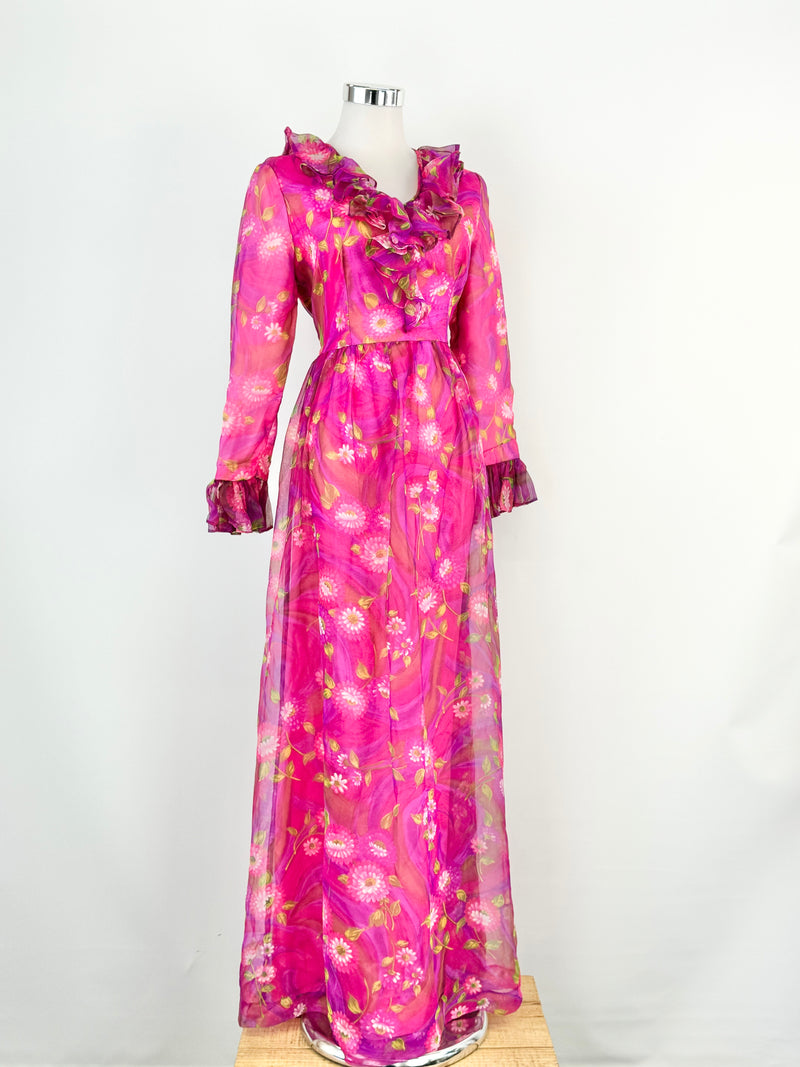Vintage 70s Pink Floral Maxi Dress - AU8