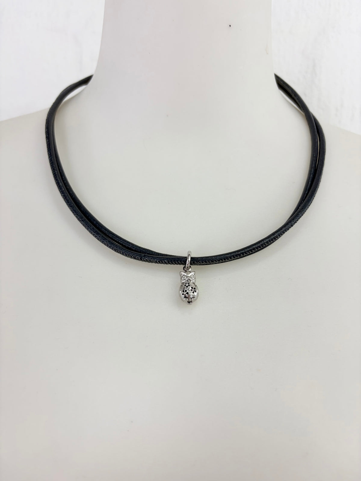 Blossom Copenhagen Small Silver Owl Pendant on Grey Leather