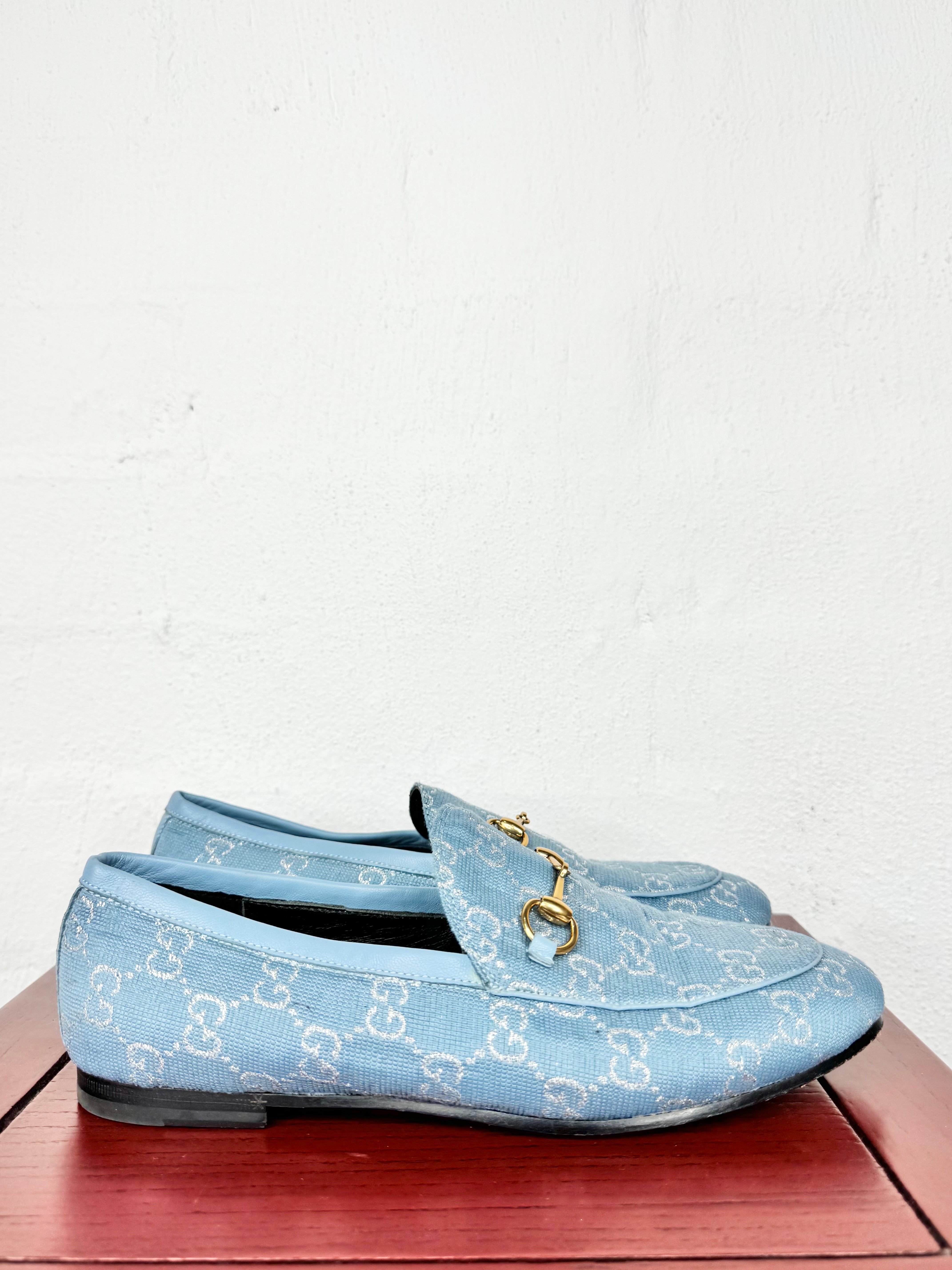 Gucci Blue & Silver Lame GG Jordaan Loafers - EU38