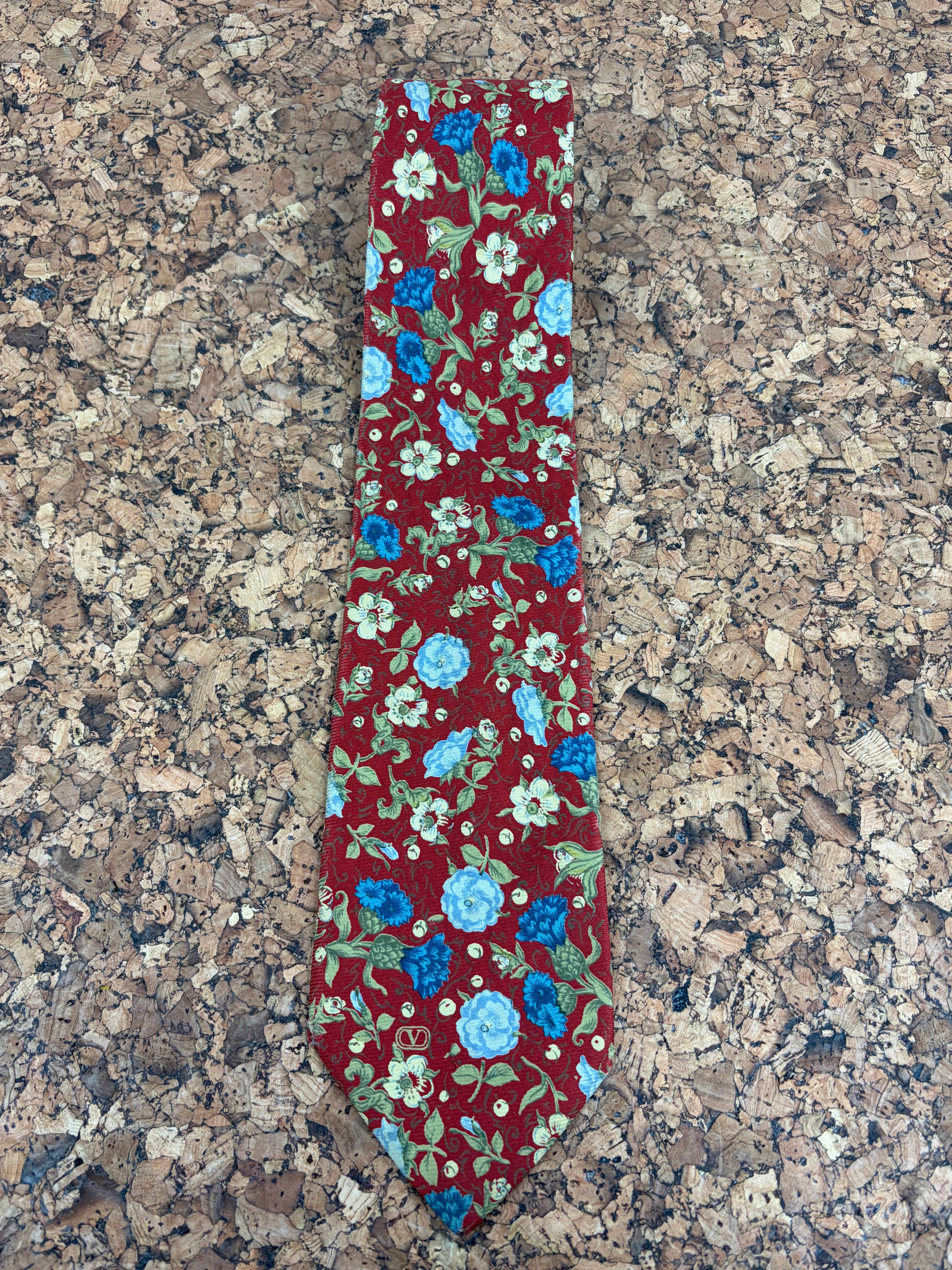 Valentino Red & Blue Carnation Patterned Silk Tie