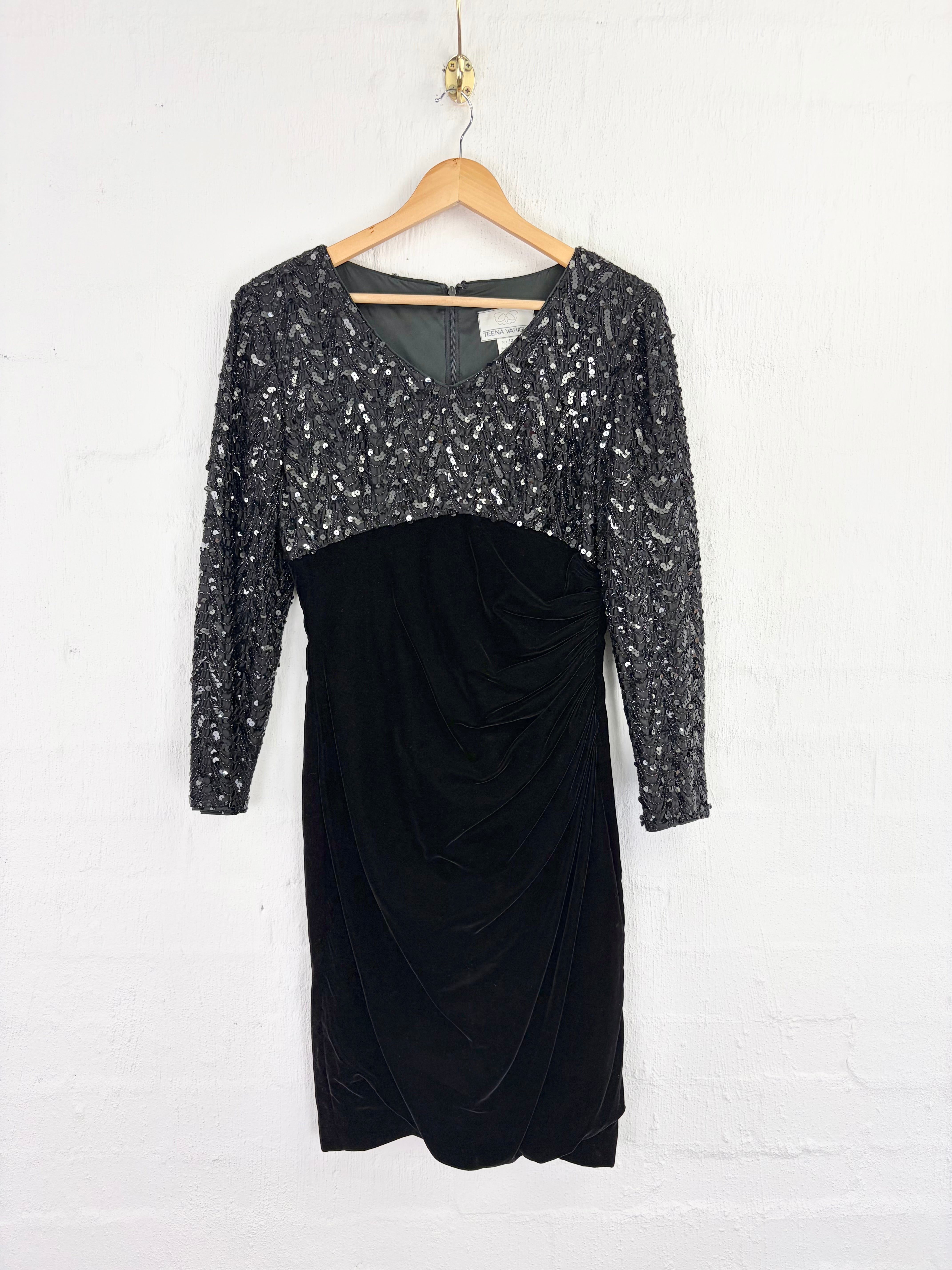 Teena Varigos Black Sequin & Velvet Cocktail Dress - AU12