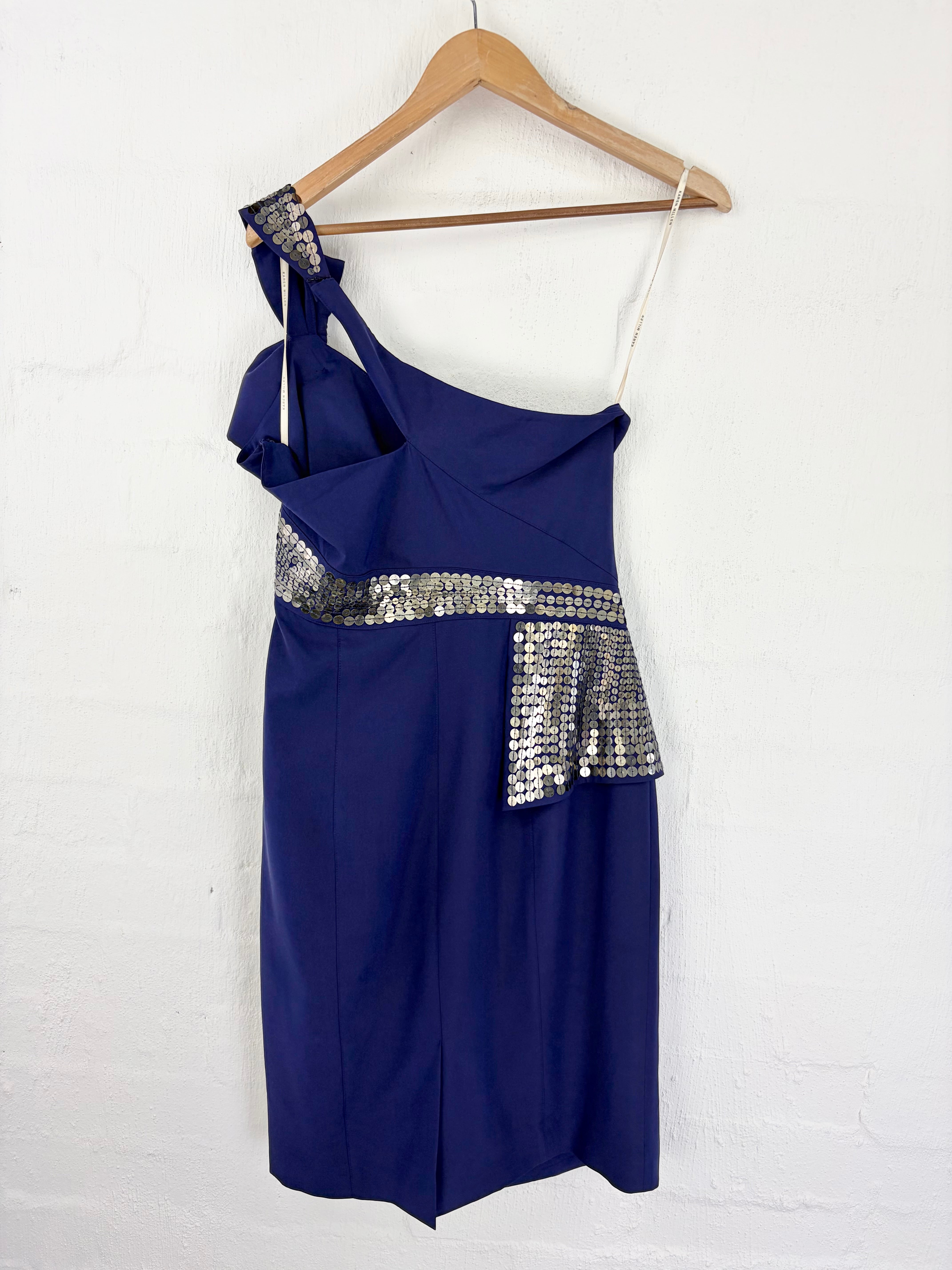 Karen Millen Dark Violet & Sequin Silk Off Shoulder Dress - AU14