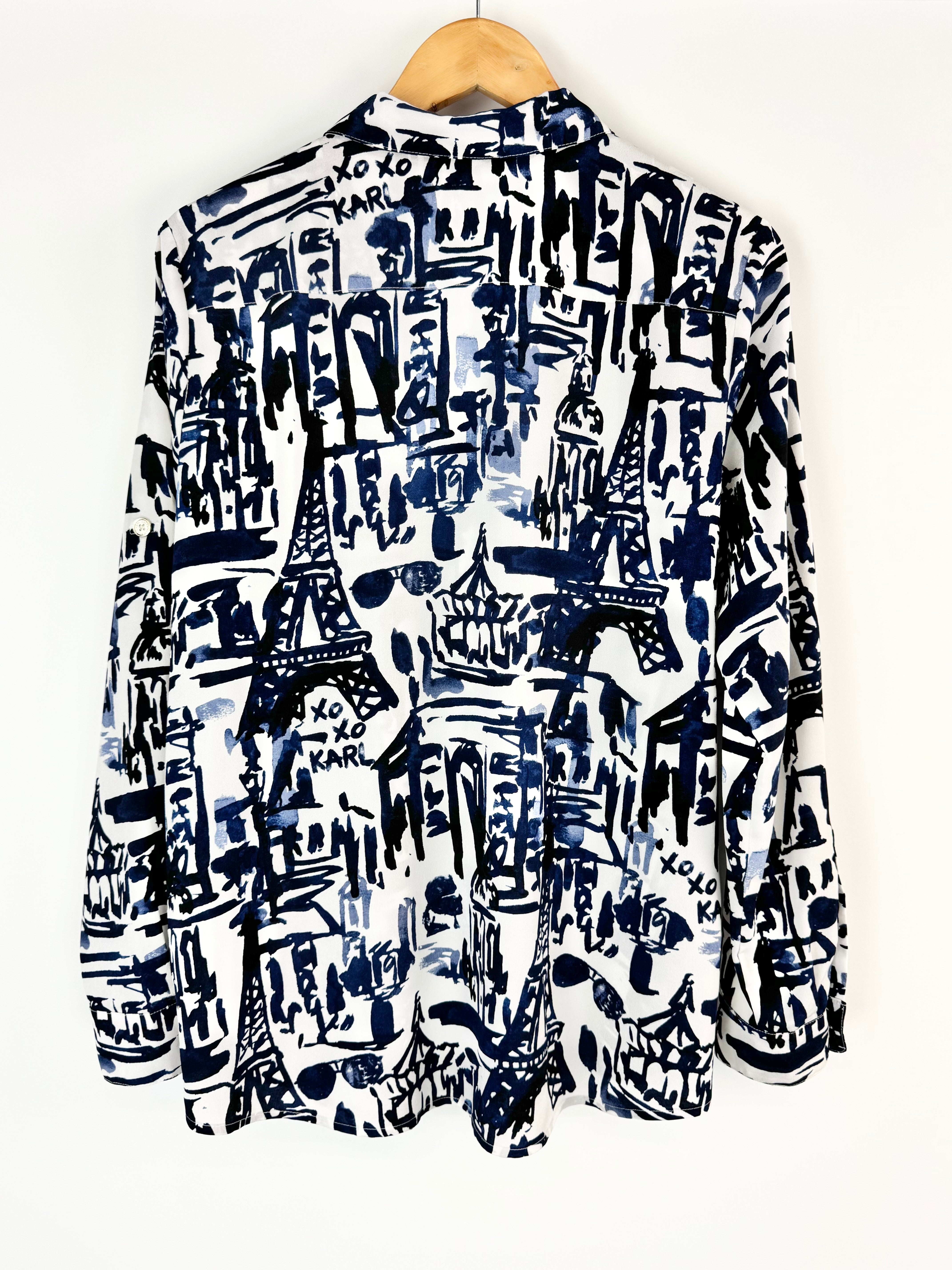 Karl Lagerfeld Blue & White Watercolour Illustrated Blouse - AU10/12
