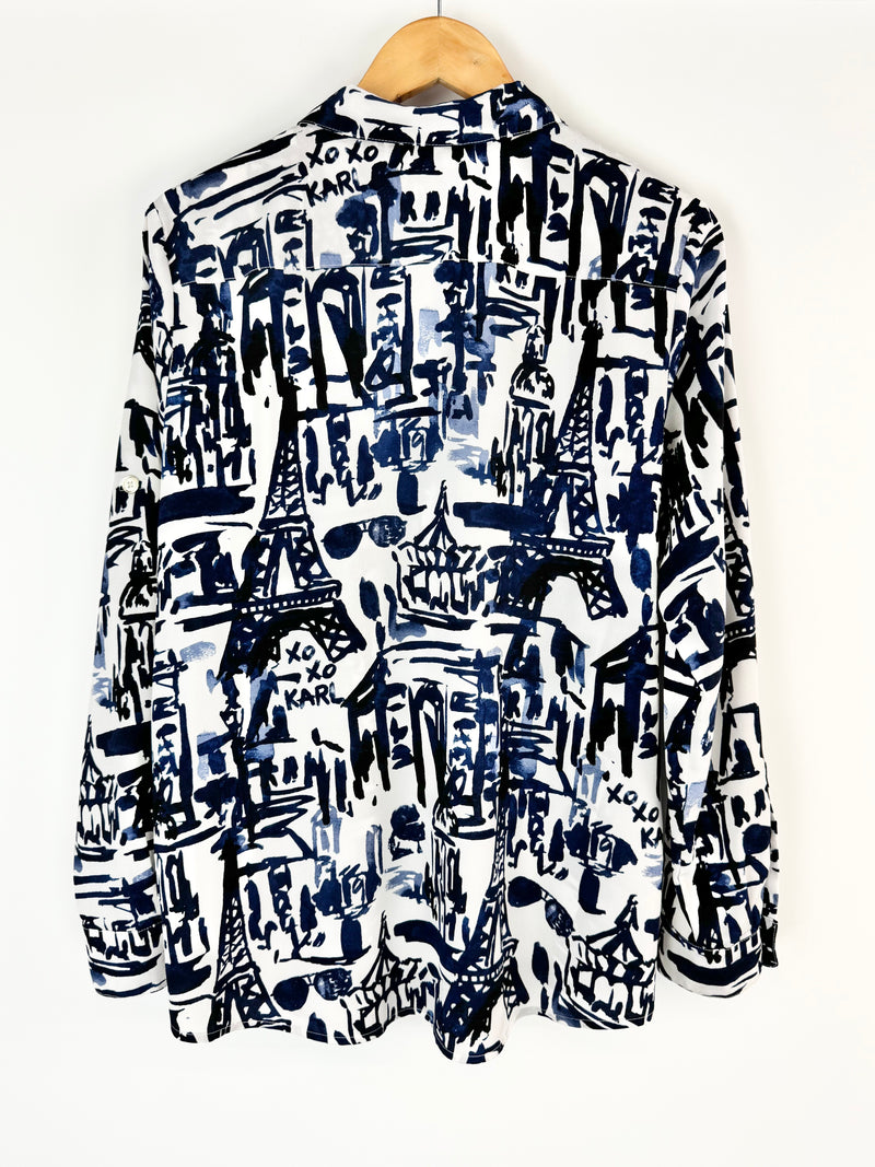 Karl Lagerfeld Blue & White Watercolour Illustrated Blouse - AU10/12