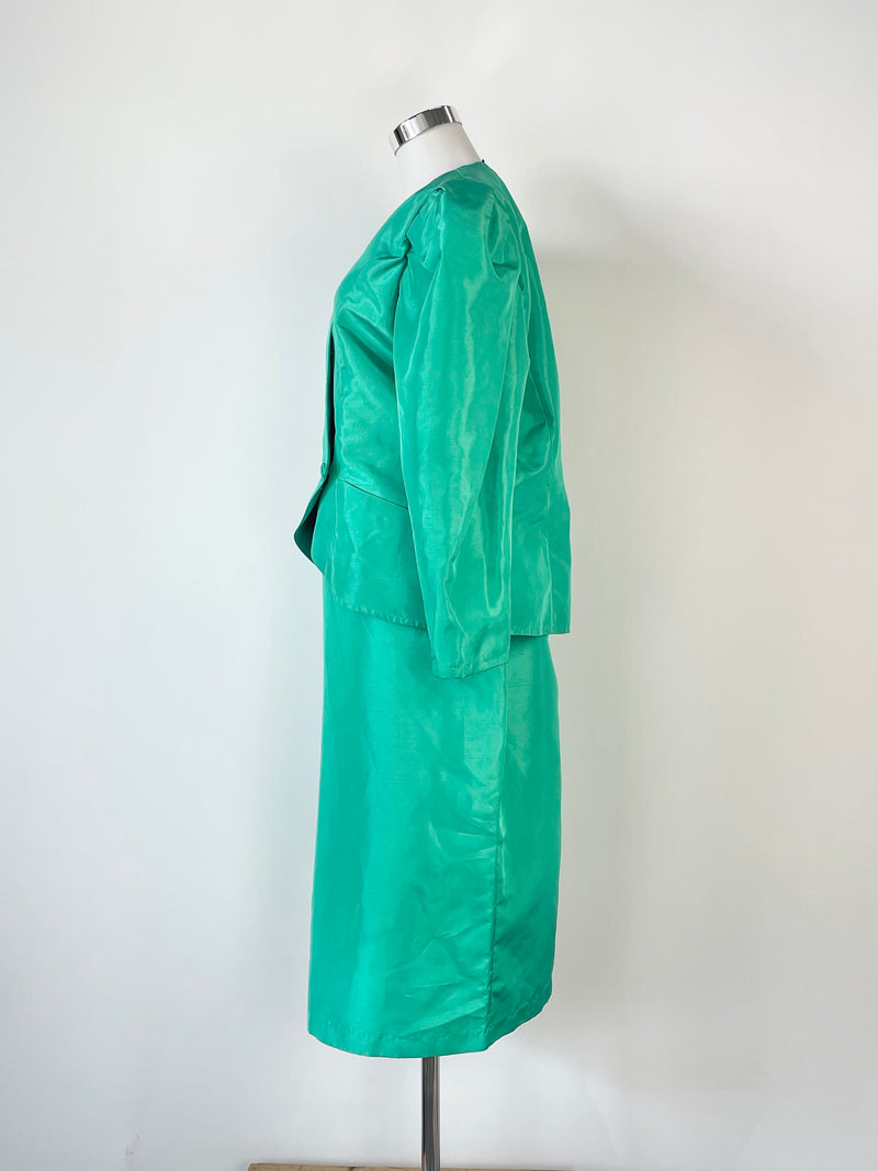 80s Vintage Geoff Bade Satin Emerald Green Twinset - AU10/12