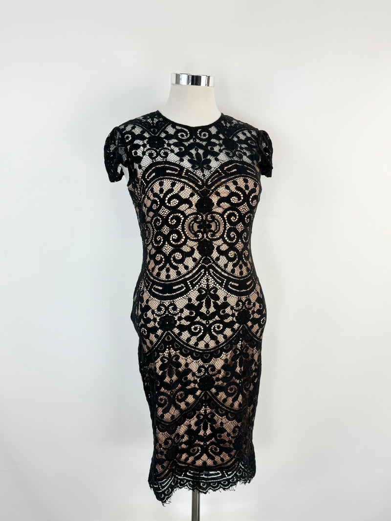 Goddiva London Black Lace Biege Body Con Dress - AU12