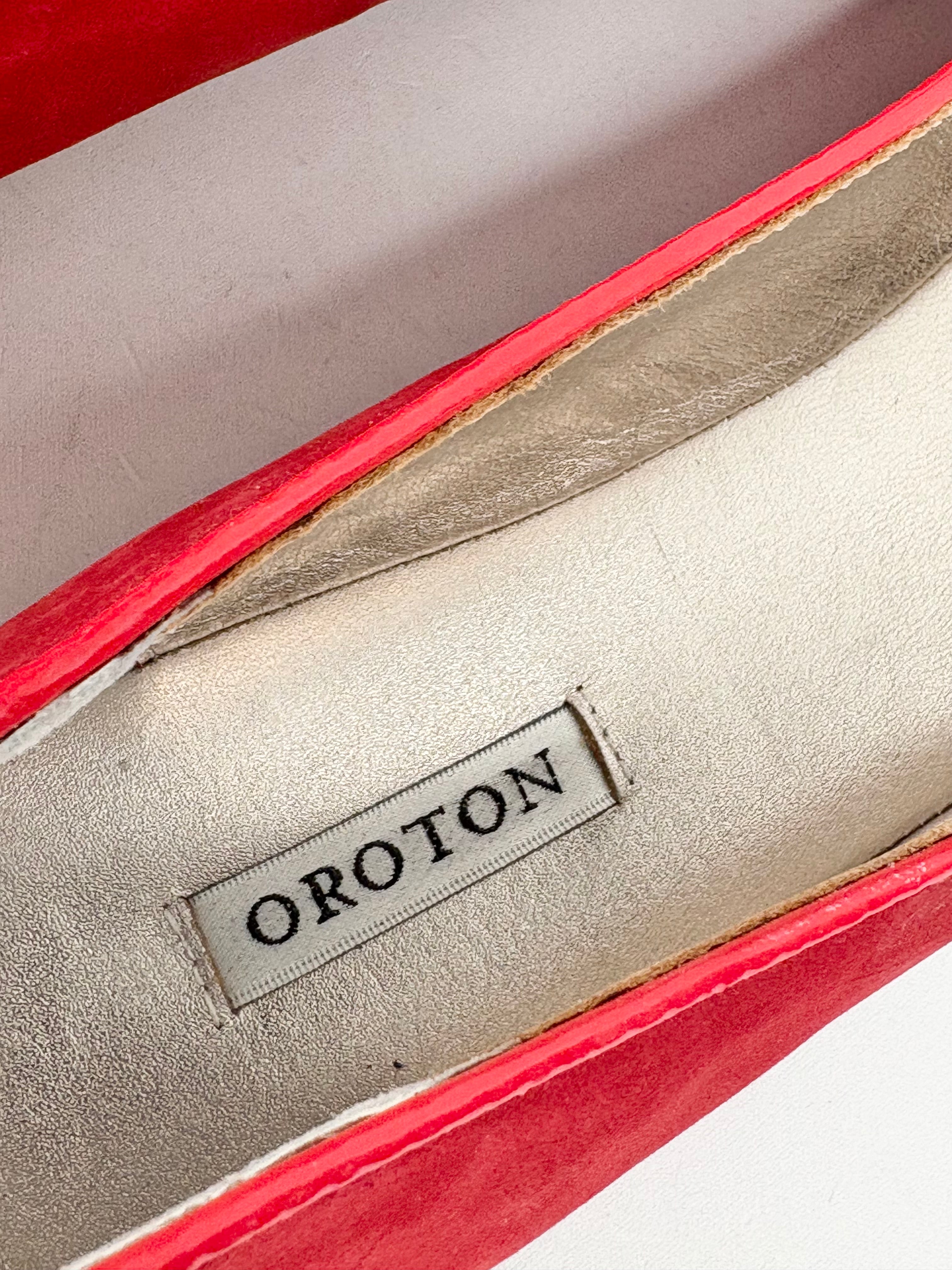 Oroton Spiced Coral 'Essential' Suede Bow Flats - EU42