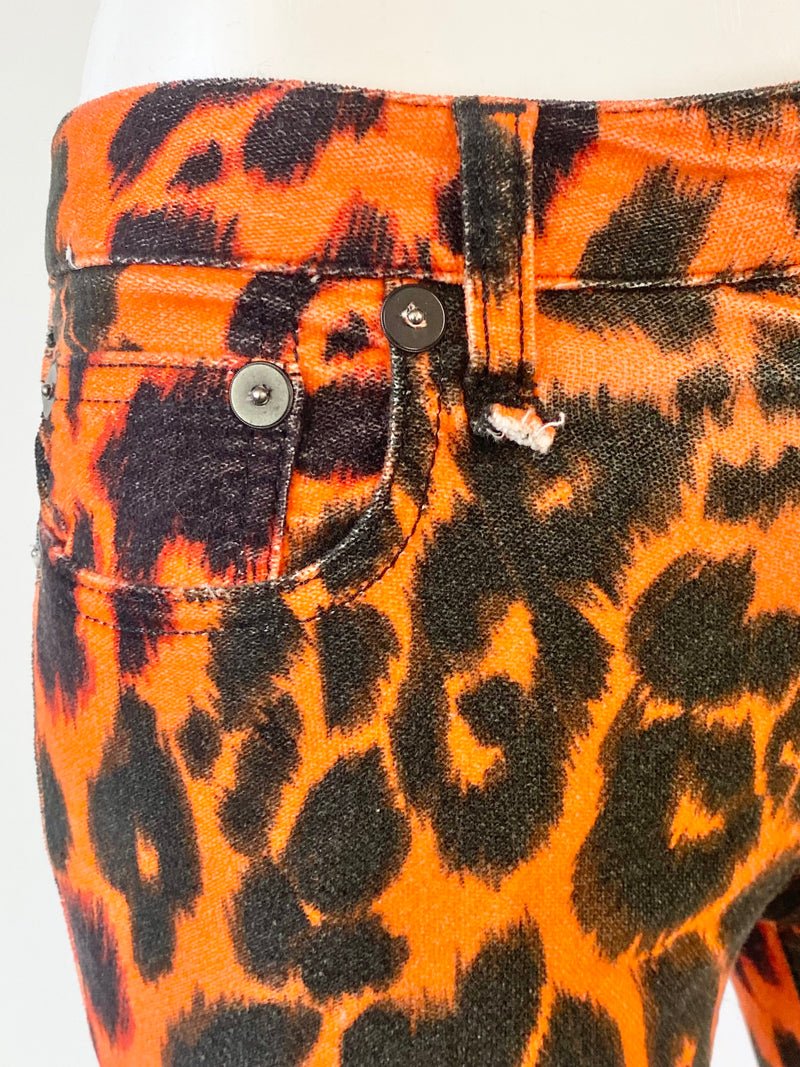 R13 'Kate Skinny' Orange Leopard Skinny Jeans - AU4/6