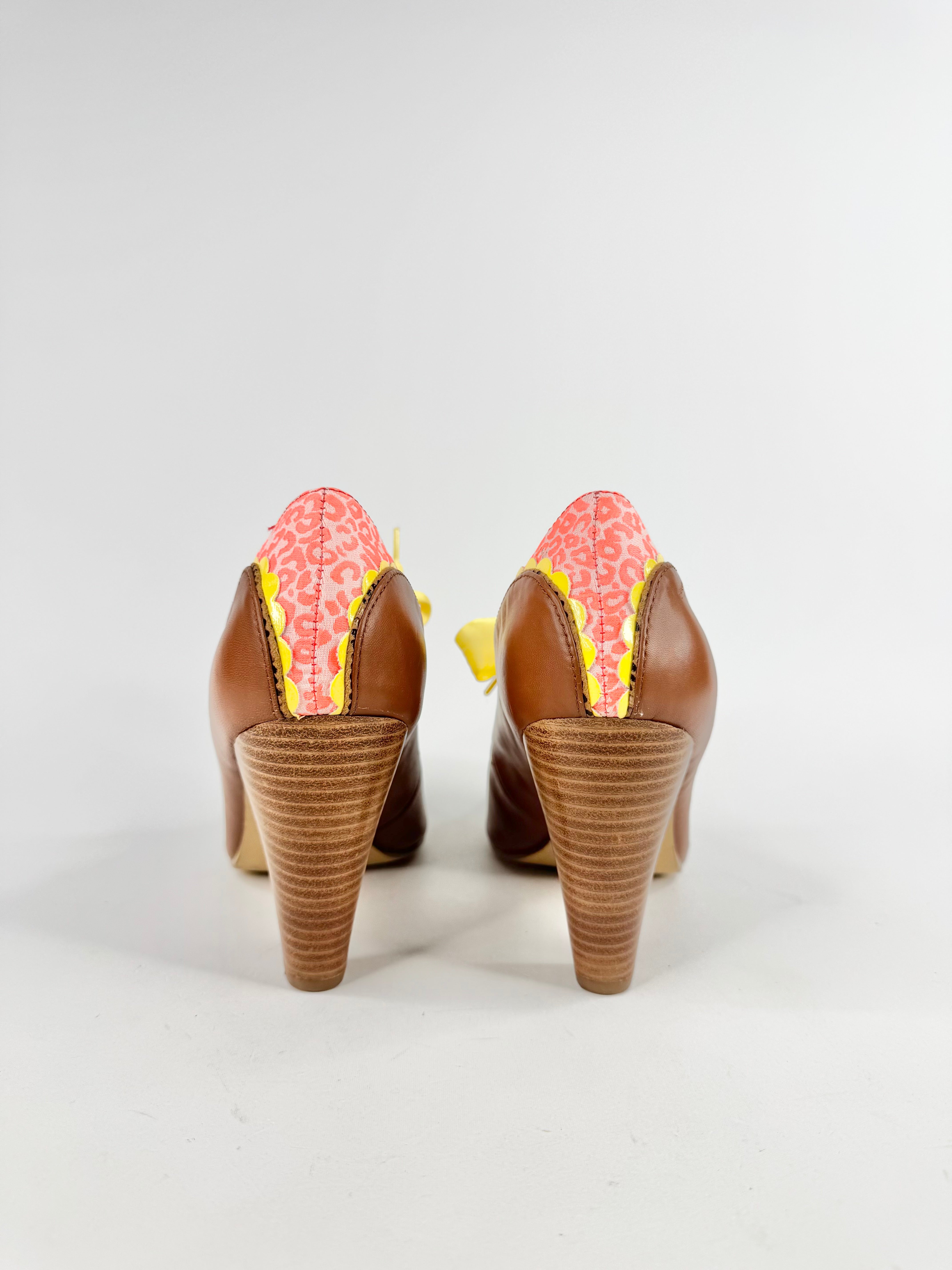 Poetic Licence Tan, Yellow & Pink Ribbon Lace Heels - EU40.5
