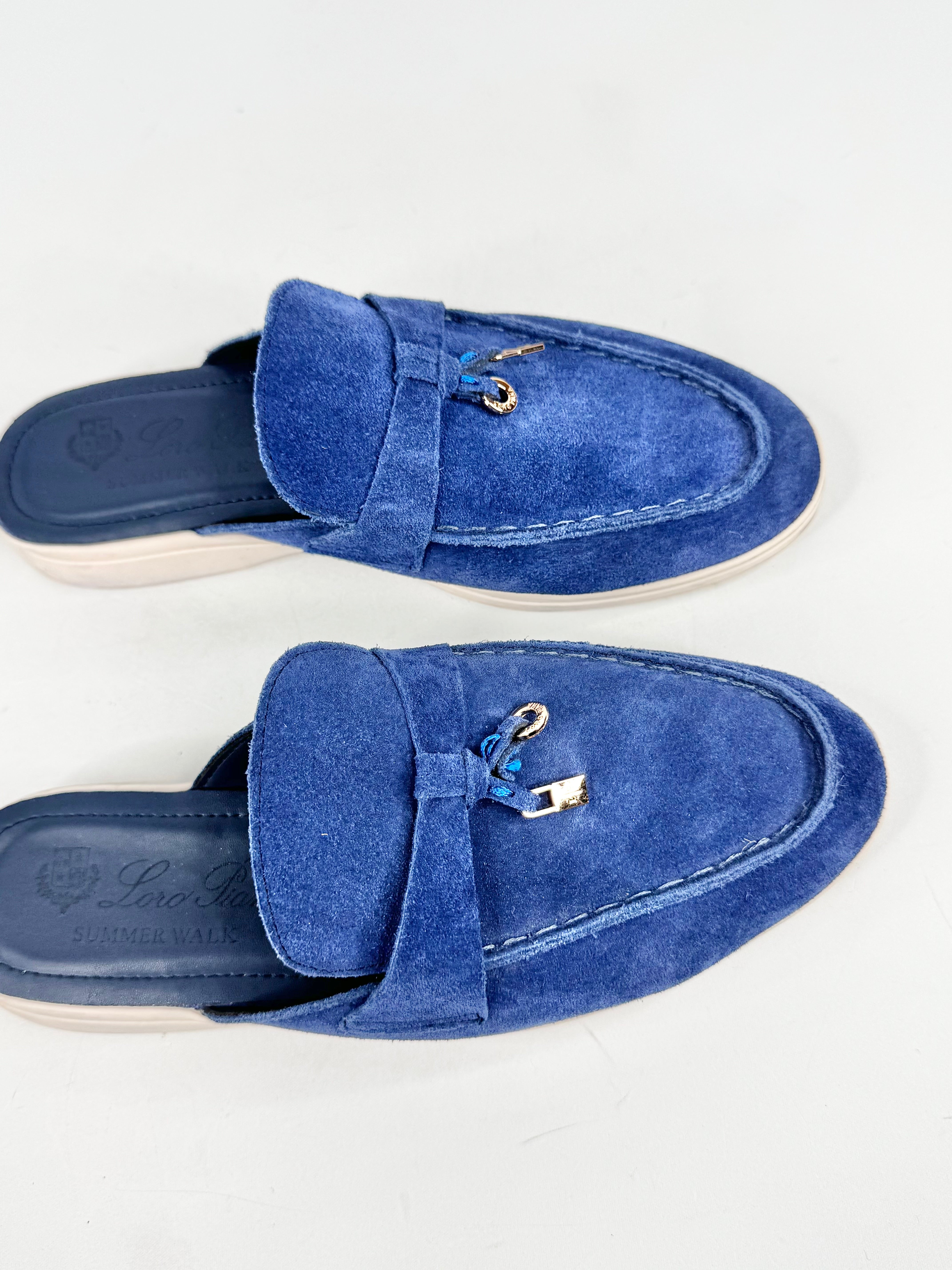 Loro Piana Blue Suede Babouche Charm Embellished Mules - EU38