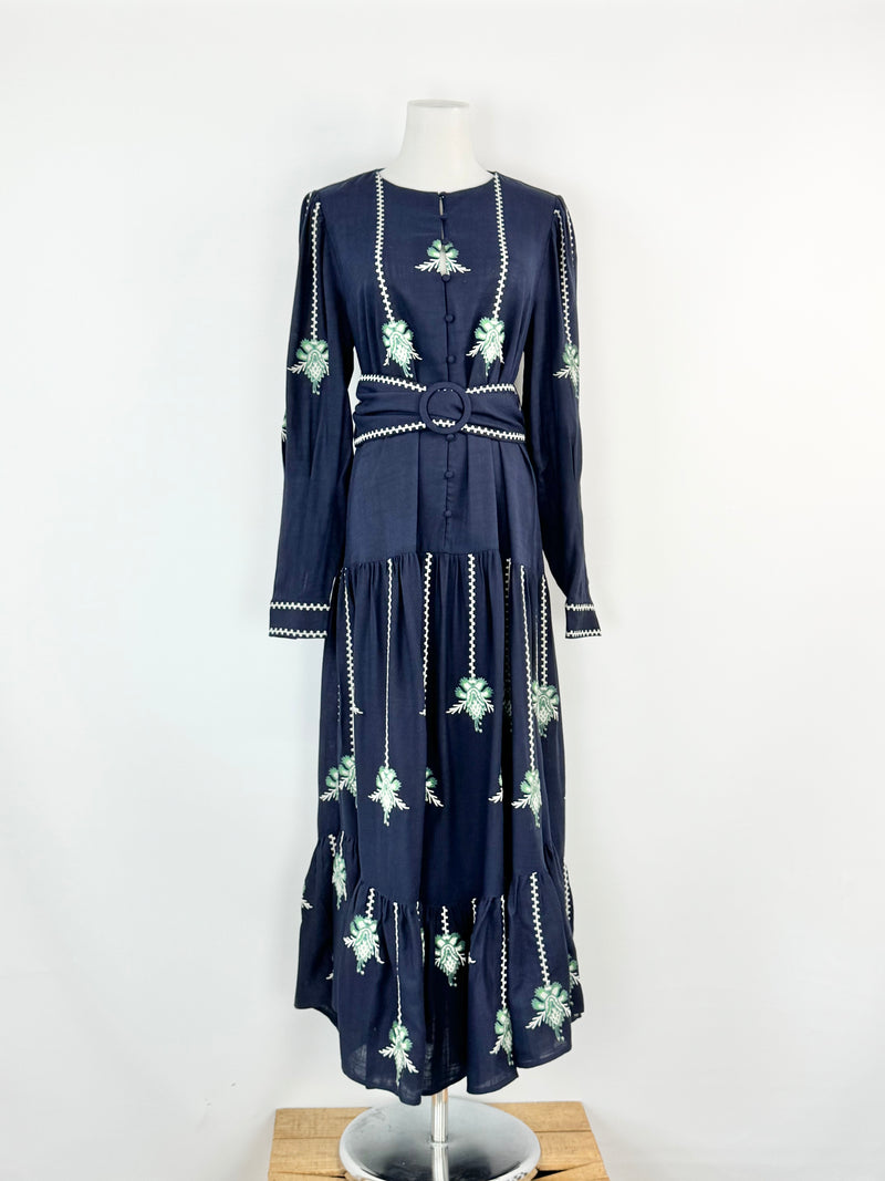 Once/Was 'Grove Embroidered Linen & Viscose Pleat Sleeve Maxi' NWT - AU8