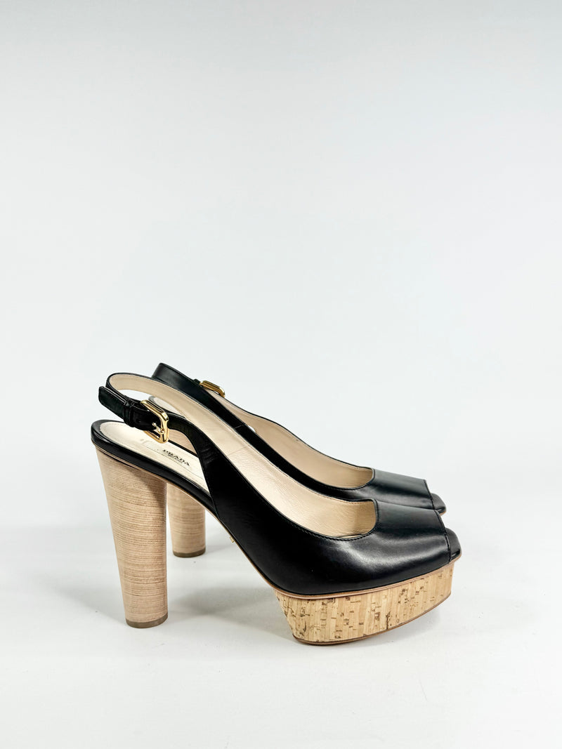 Prada Black Peep Top Platform Pumps - EU39.5