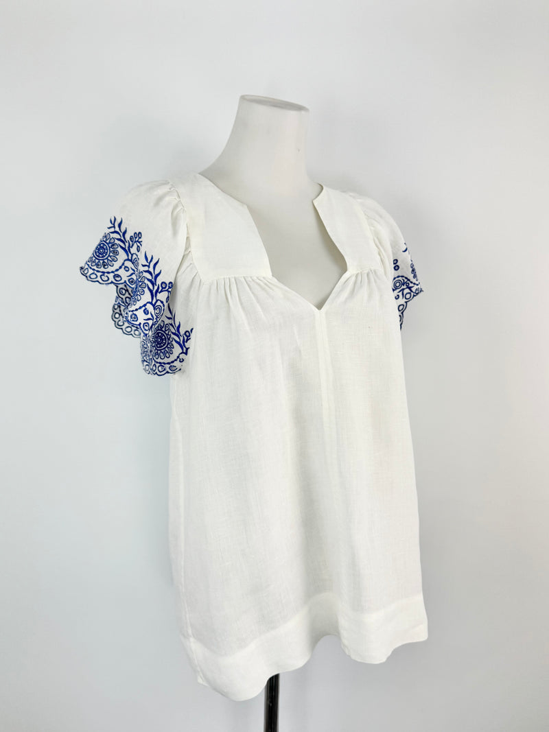 Arlington Milne White Linen Embroidered Blouse - AU6