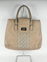 Oroton Beige Leather & Monogrammed Panel Handbag