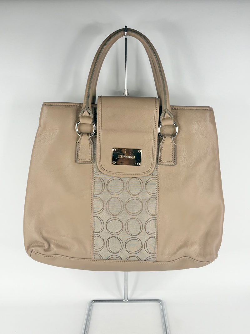 Oroton Beige Leather & Monogrammed Panel Handbag