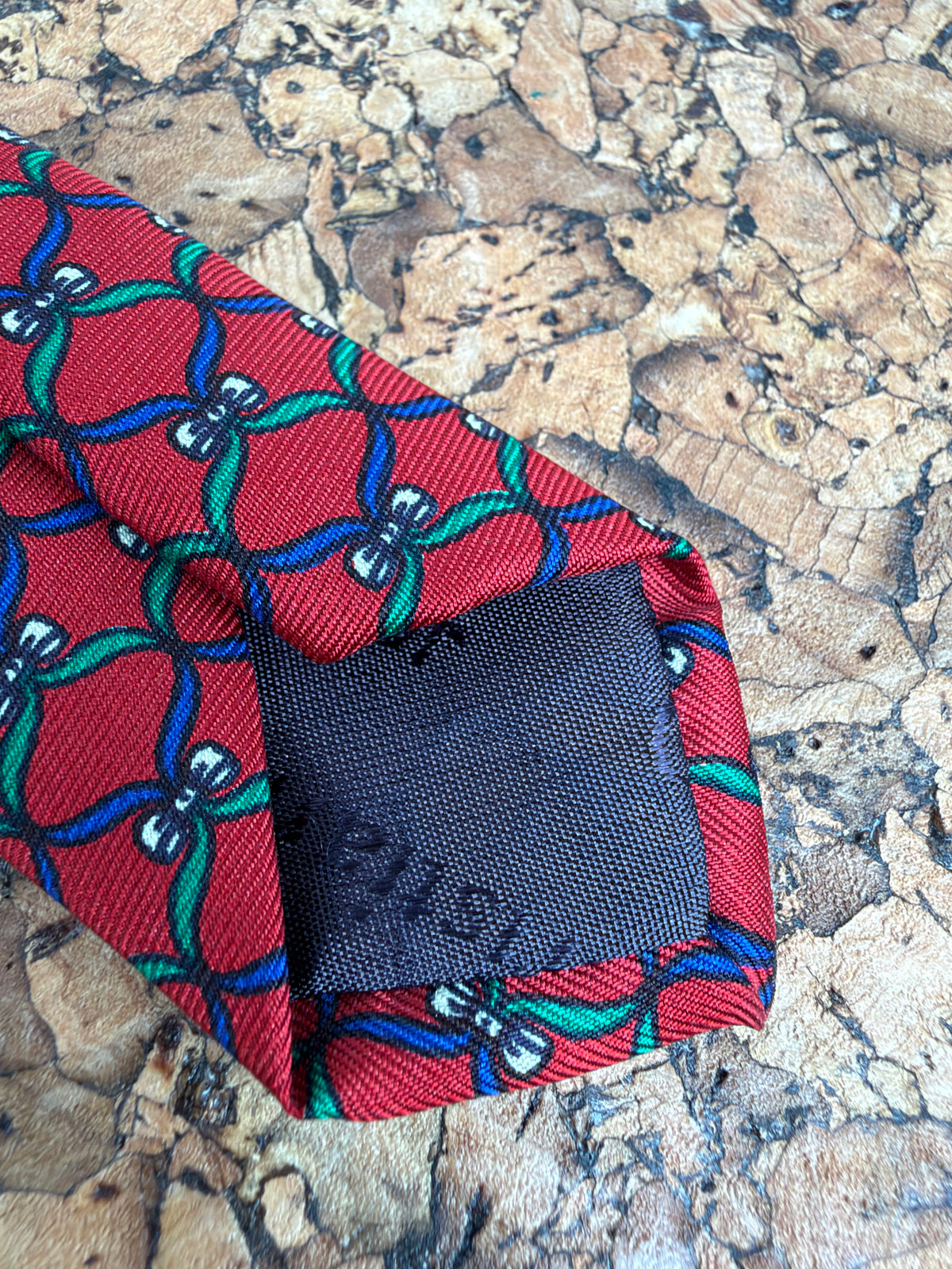 Christian Dior Crimson Blue & Green Bow Patterned Silk Tie