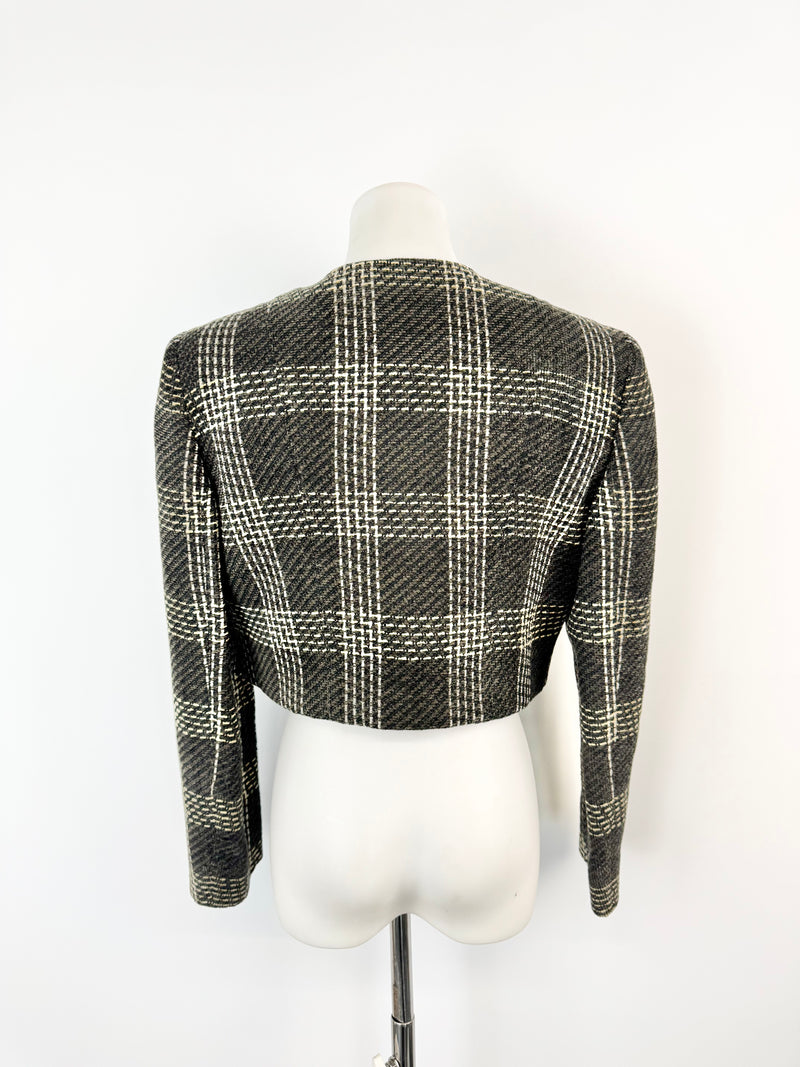 Valentino Miss V Brown & Cream Glen Plaid Cropped Blazer - AU10