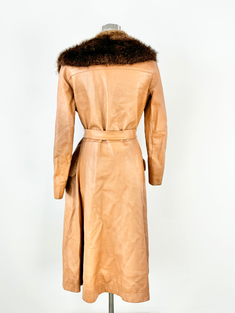 Vintage Leather & Fur Tan Tie Coat - AU8/10