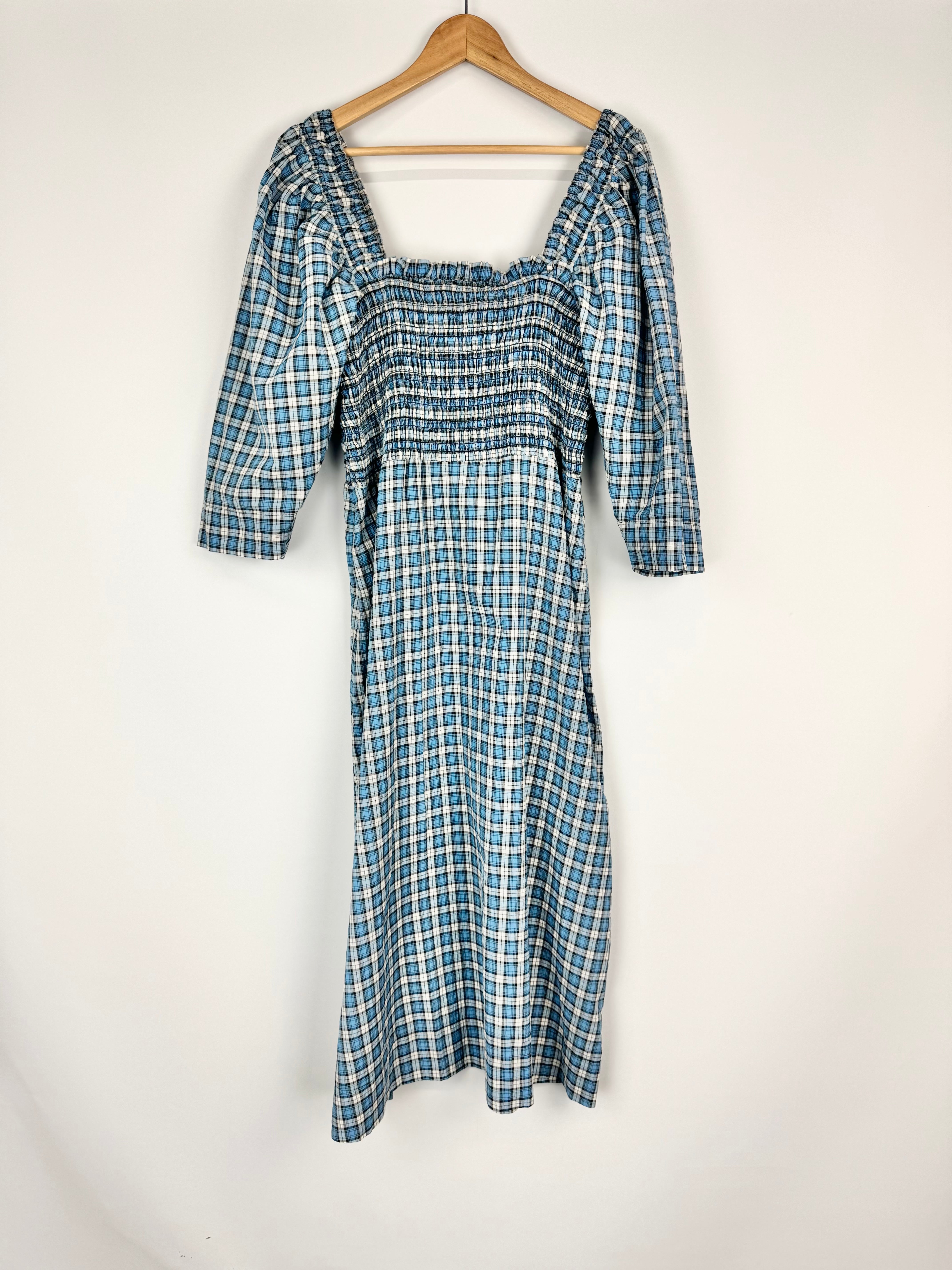 Ganni Blue Plaid Shirred Seersucker Midi Dress - AU10