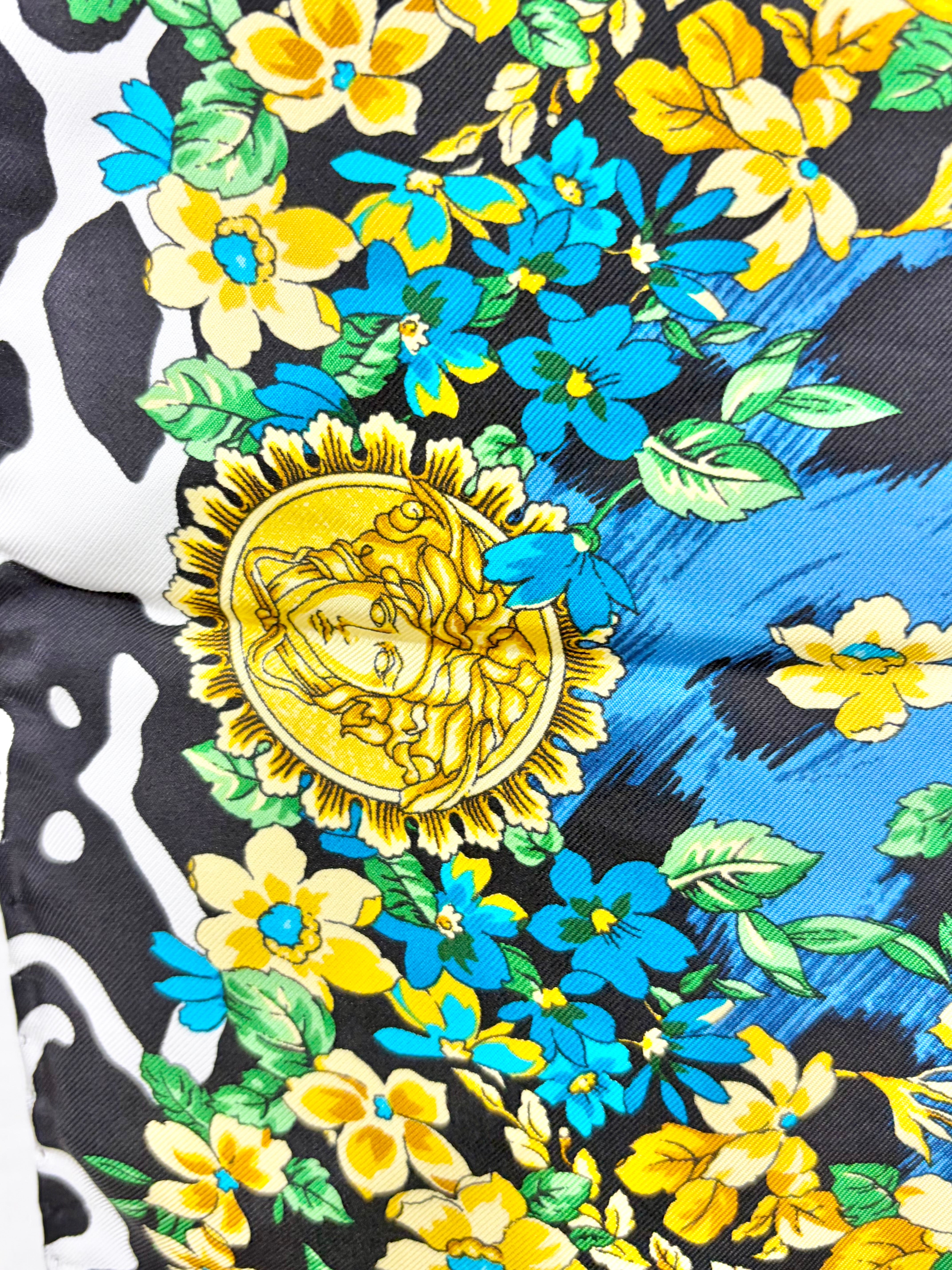 Versace Black Gold & Blue Leopard Print & Brocade Patterned Hand-Rolled Silk Scarf