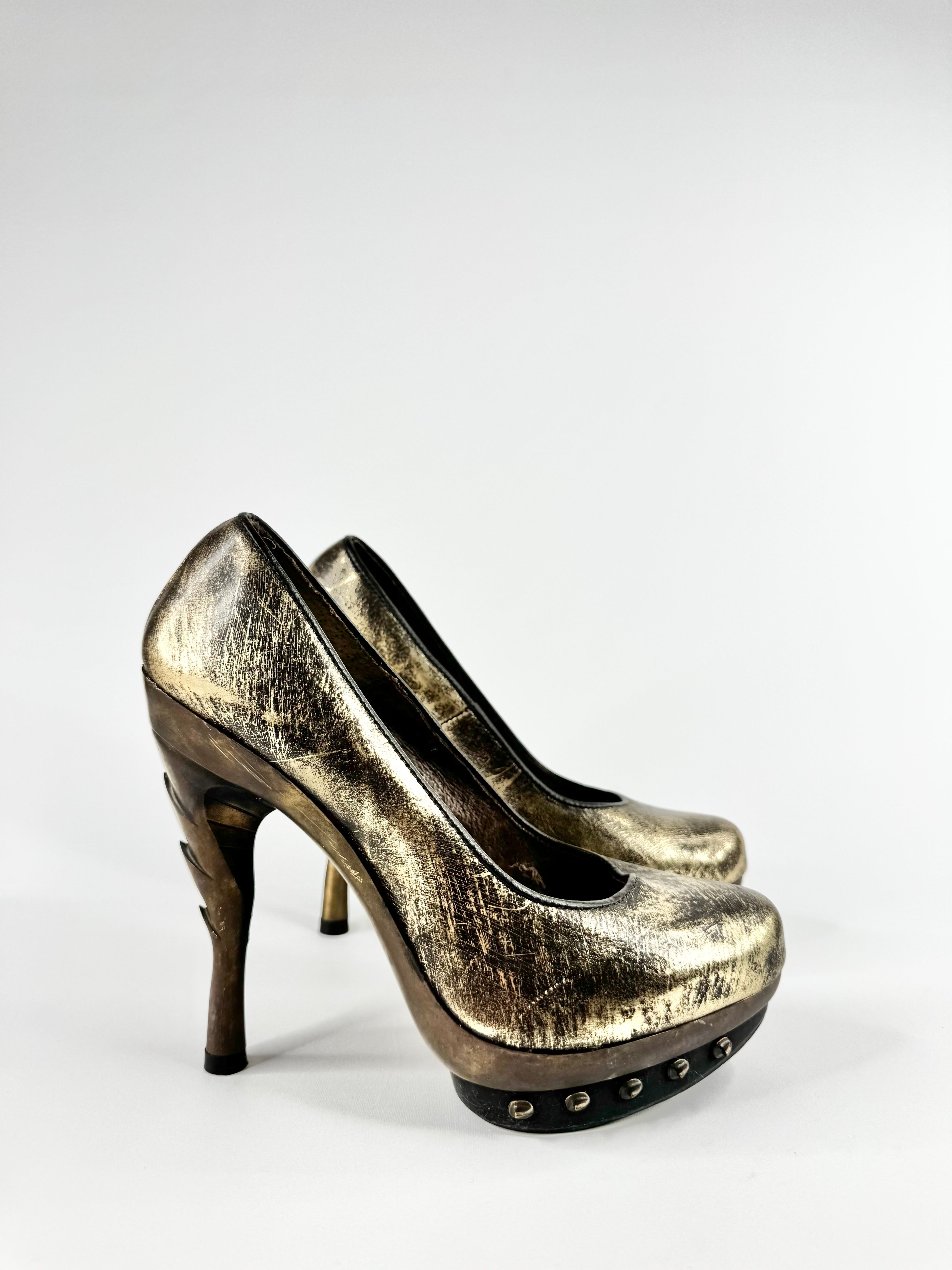 New Rocks Distressed Gold Punk Platform Heels - EU38