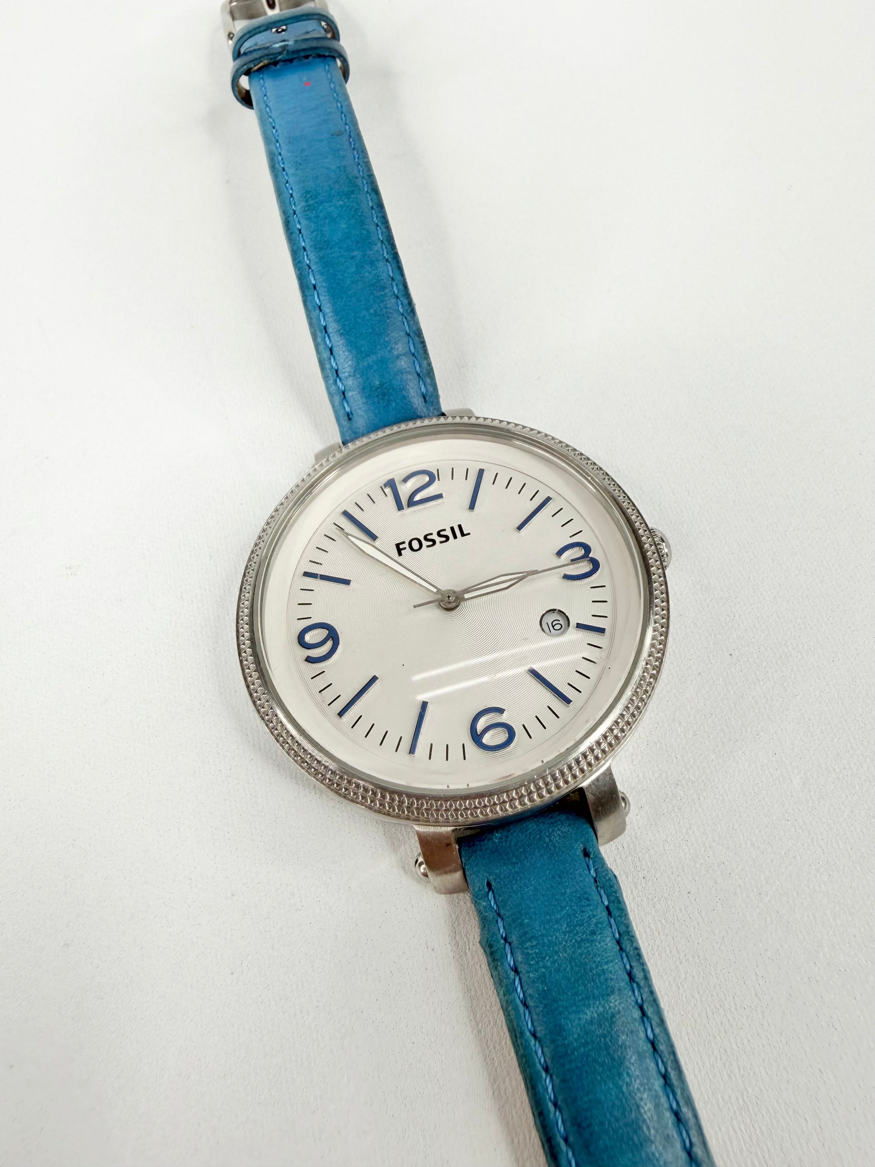 Fossil ES3279 Blue Leather Strap Silver Tone Watch