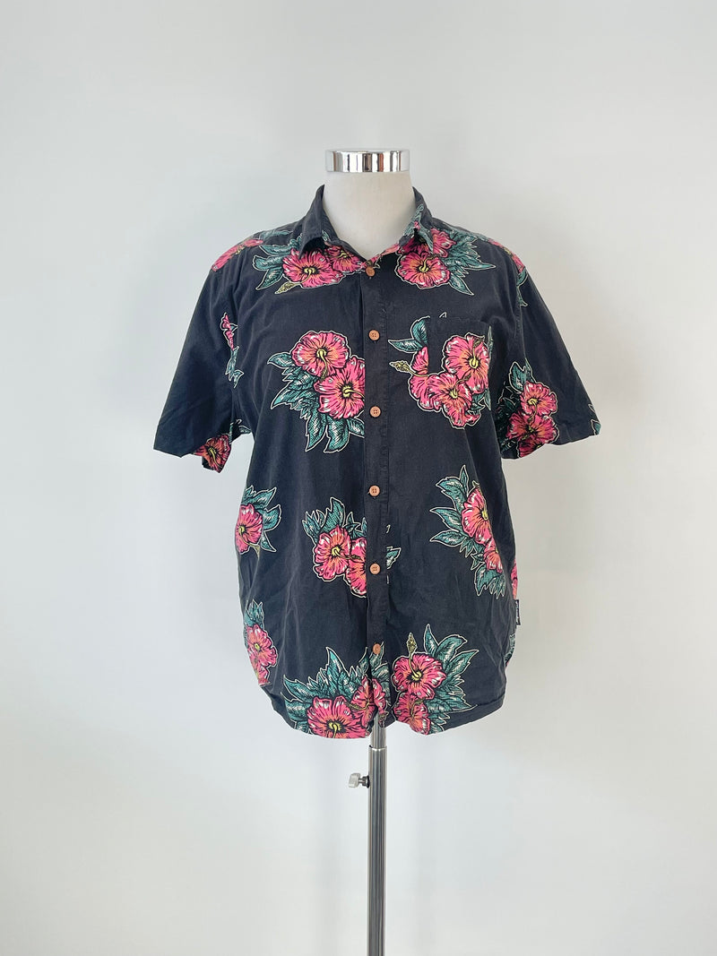 Mambo Black Tropical Floral Short Sleeve Shirt  - L