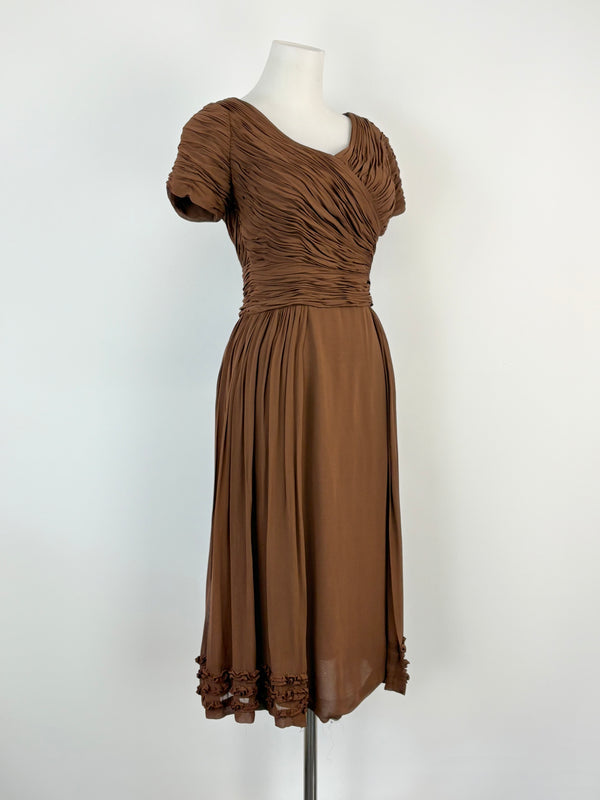Vintage Chocolate Brown Ruffled Midi Short Sleeve Dress - AU8