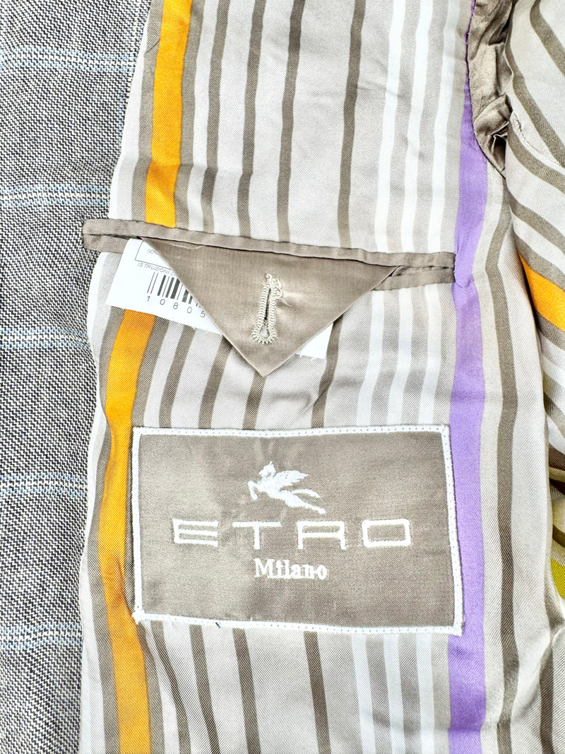 Etro Milano Grey & Blue Plaid Blue Cashmere Blazer - 50