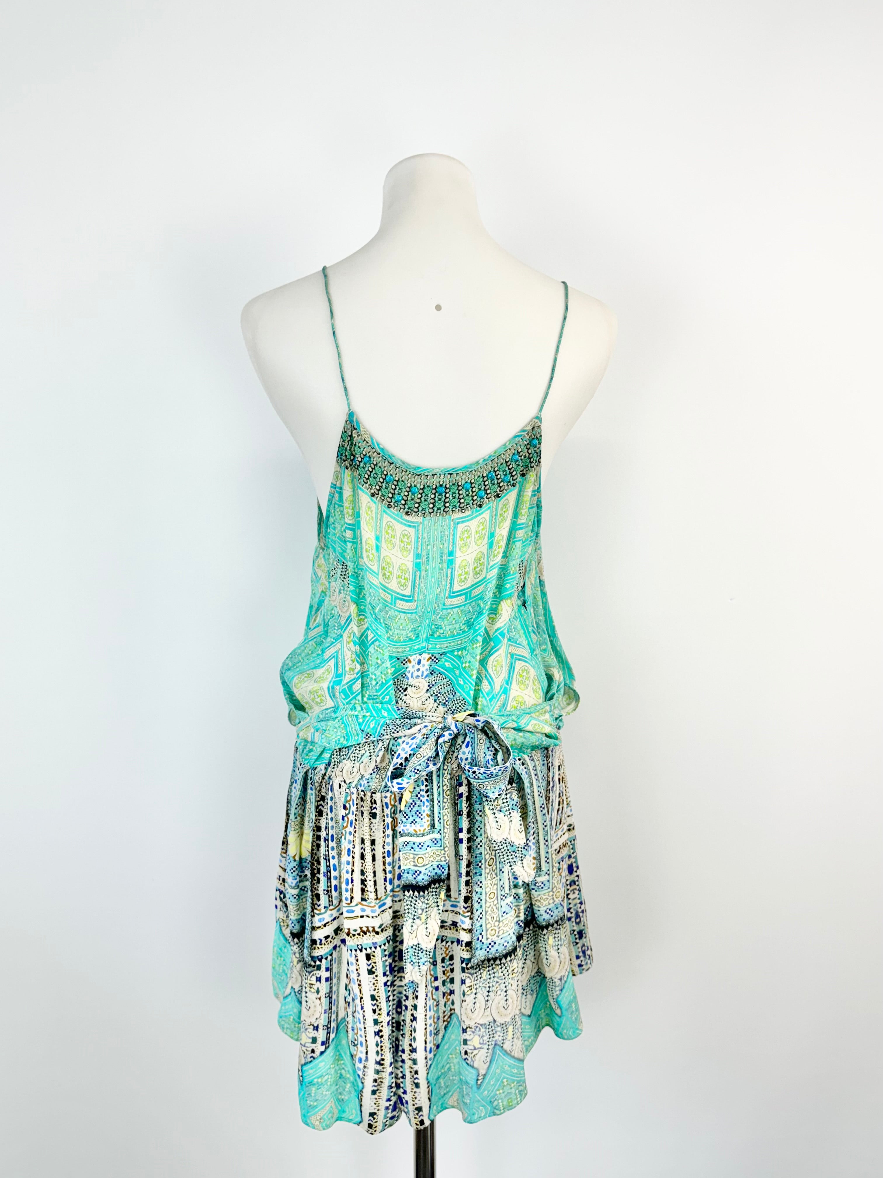 Camilla Aqua Geometric Silk Playsuit - AU10