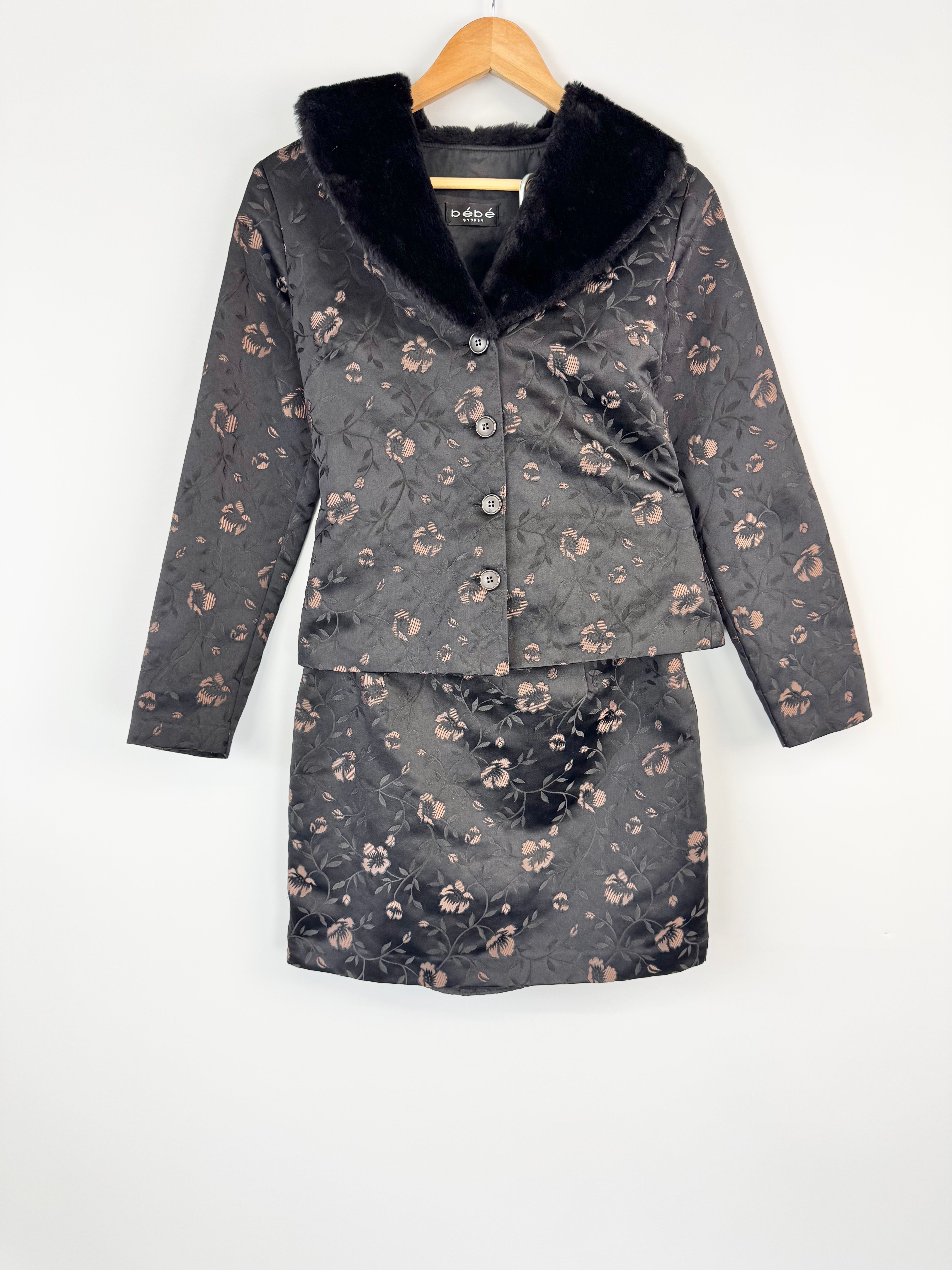 MFW Vintage 90s Bebe Black & Dusty Rose Satin Floral 2 Pce - AU8/10